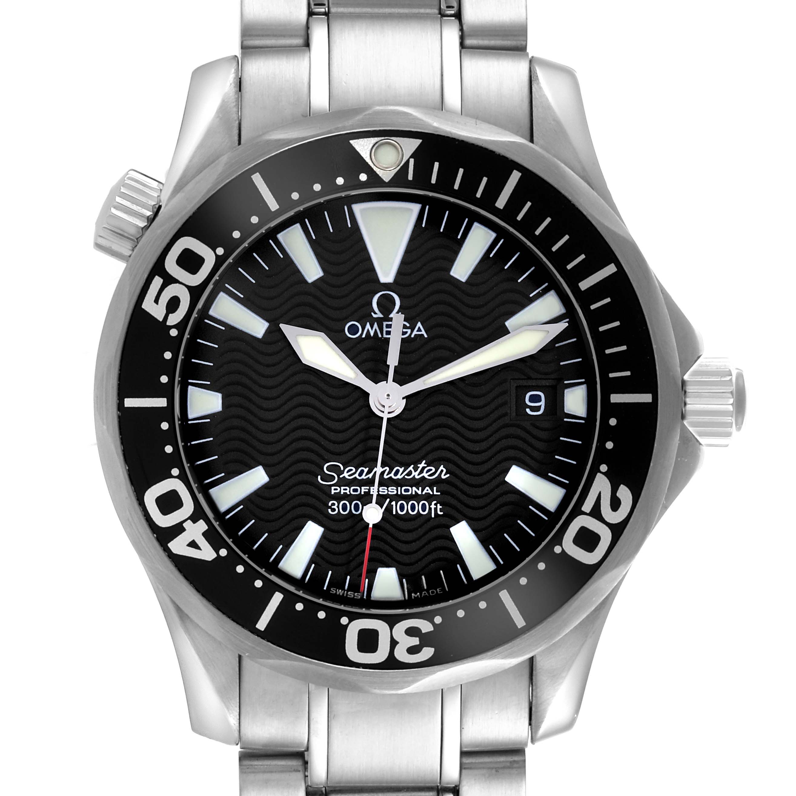 The Omega Seamaster 2262.50.00 Men
s Stainless Steel Black Dial 2262.50.00 Men
s Stainless Steel Black Dial watch is shown from the front, displaying its face, bezel, and part of the bracelet.