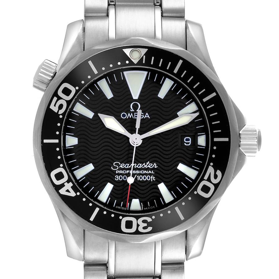 The Omega Seamaster watch is shown from the front, displaying its face, bezel, and part of the bracelet.