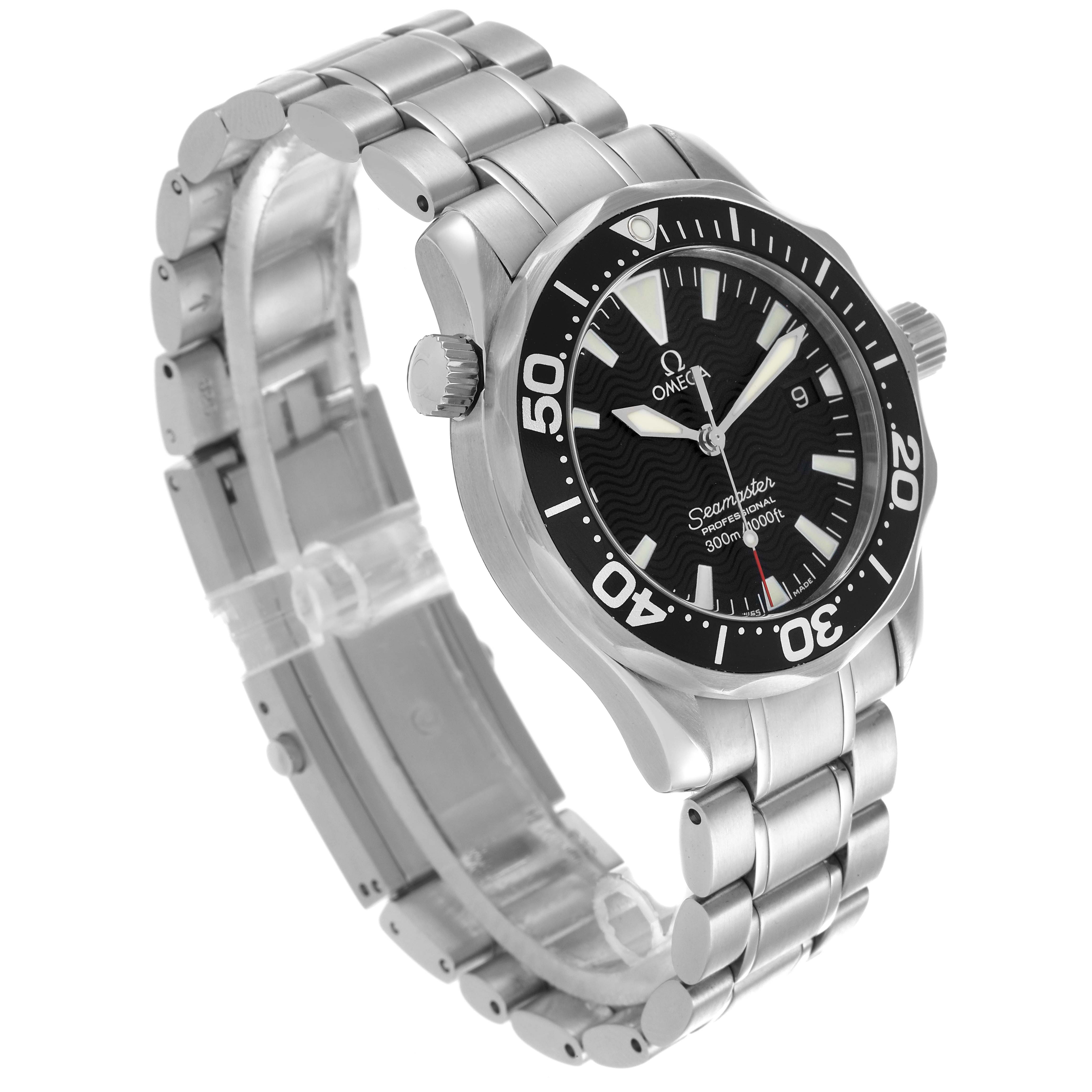 The Omega Seamaster 2262.50.00 Men
s Stainless Steel Black Dial 2262.50.00 Men
s Stainless Steel Black Dial watch is shown at an angled side view, displaying the face, bezel, bracelet, and crown.