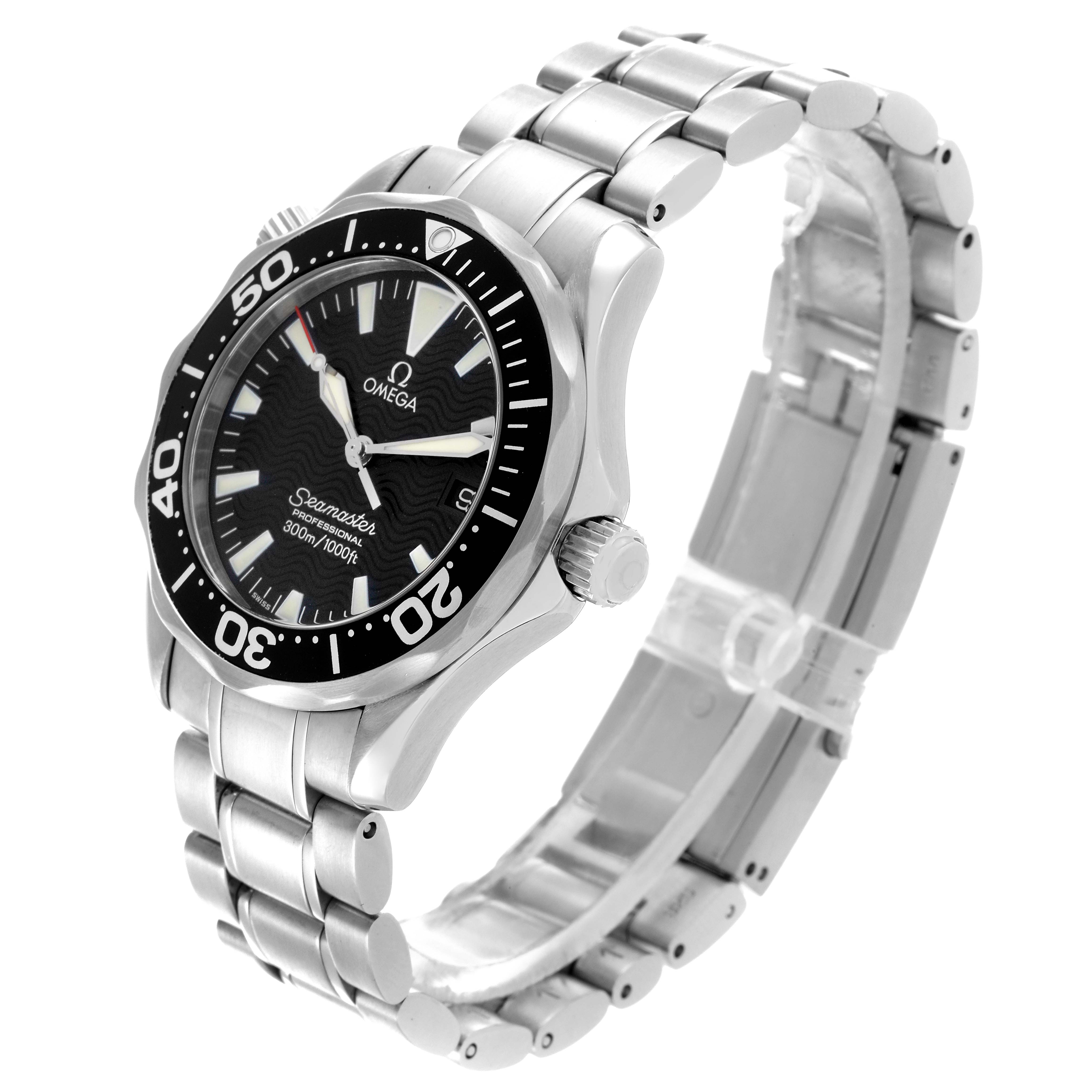 The Omega Seamaster 2262.50.00 Men
s Stainless Steel Black Dial 2262.50.00 Men
s Stainless Steel Black Dial watch is displayed at a slight angle, highlighting the face, bezel, and bracelet.