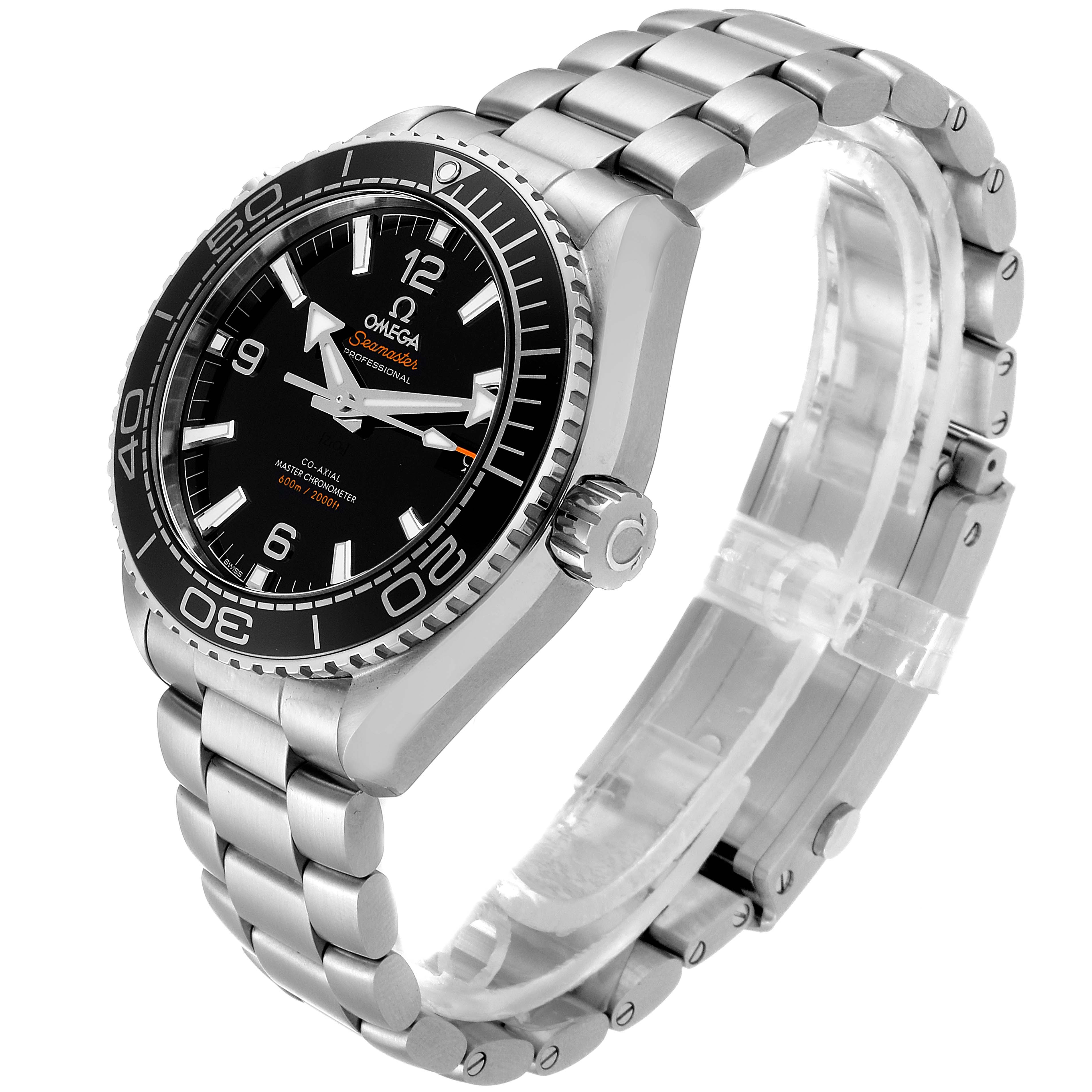 This image shows an Omega Planet Ocean 215.30.44.21.01.001 Men
s Stainless Steel Black Dial 215.30.44.21.01.001 Men
s Stainless Steel Black Dial watch from a three-quarter side angle, highlighting its stainless steel band, bezel, and face.