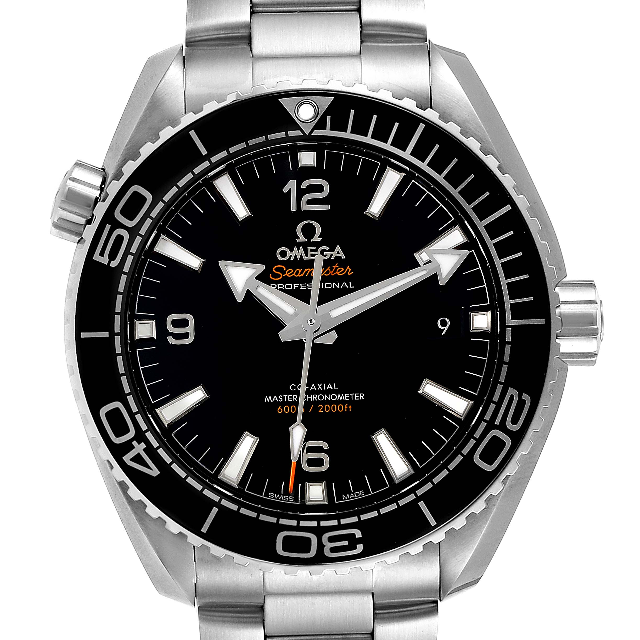 This image shows a front view of the Omega Planet Ocean 215.30.44.21.01.001 Men
s Stainless Steel Black Dial 215.30.44.21.01.001 Men
s Stainless Steel Black Dial watch, highlighting its black dial, bezel, and stainless steel bracelet.