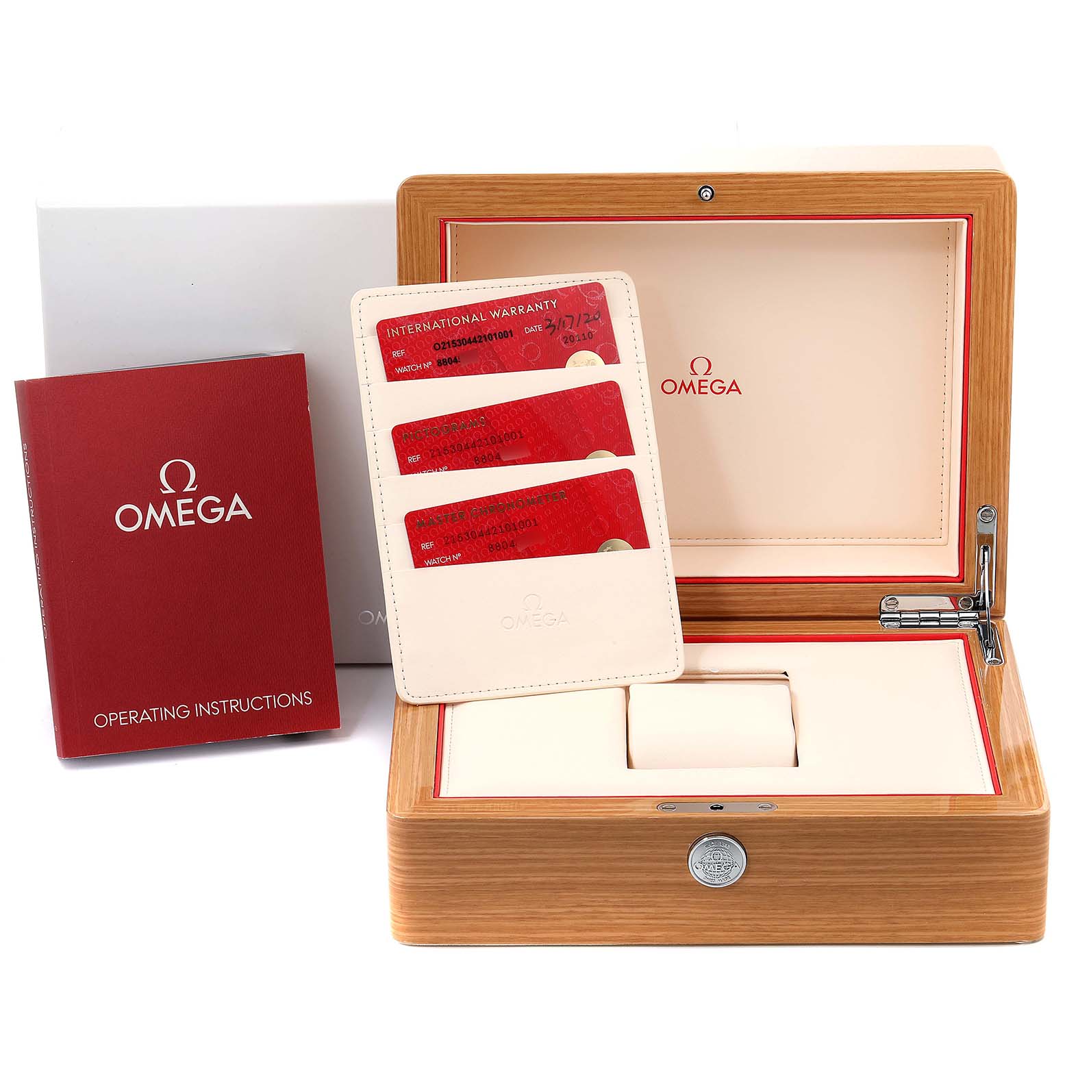 The image shows the Omega Planet Ocean 215.30.44.21.01.001 Men
s Stainless Steel Black Dial 215.30.44.21.01.001 Men
s Stainless Steel Black Dial model
s accessories, including a wooden box, warranty cards, and an operating manual.