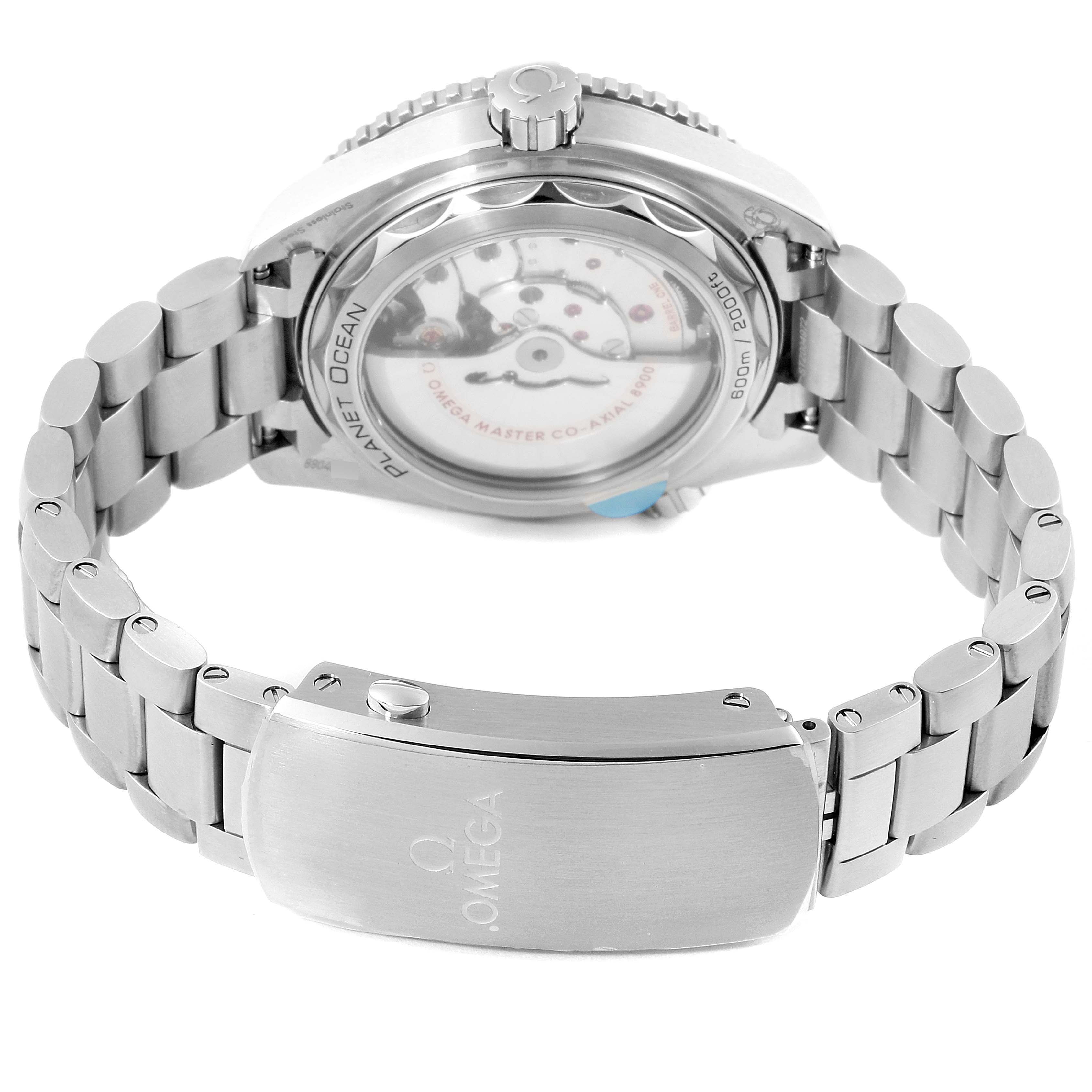 The image shows the back view of an Omega Planet Ocean 215.30.44.21.01.001 Men
s Stainless Steel Black Dial 215.30.44.21.01.001 Men
s Stainless Steel Black Dial watch, highlighting the case back, bracelet, and clasp.