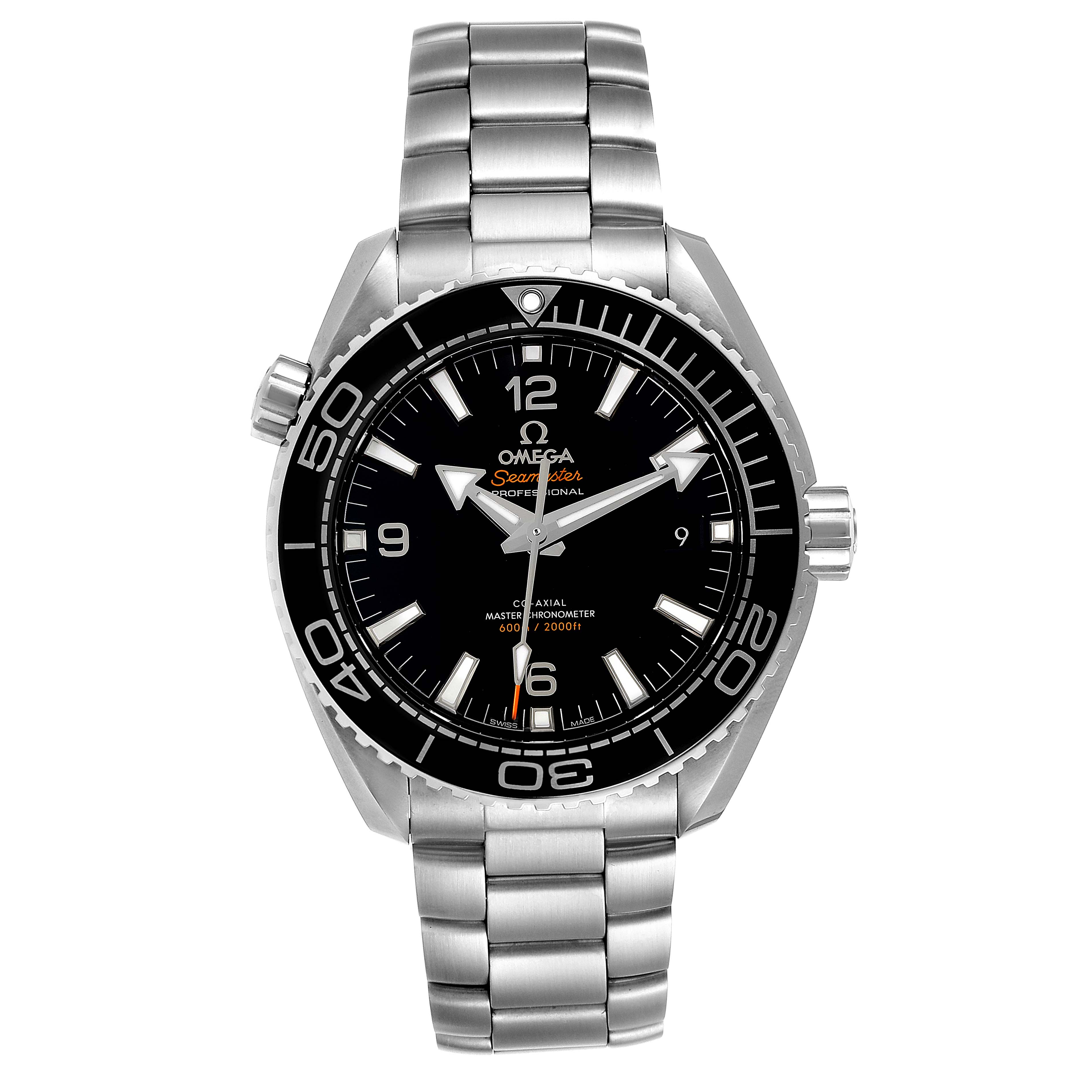 The image shows a front view of the Omega Planet Ocean 215.30.44.21.01.001 Men
s Stainless Steel Black Dial 215.30.44.21.01.001 Men
s Stainless Steel Black Dial model watch, highlighting its face, bezel, and bracelet.