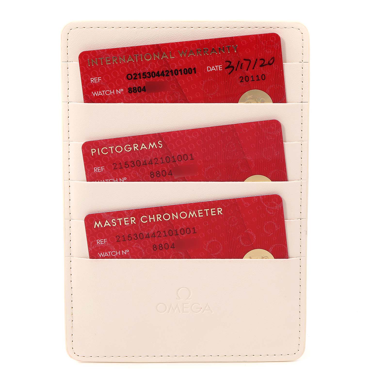 The image shows Omega Planet Ocean 215.30.44.21.01.001 Men
s Stainless Steel Black Dial 215.30.44.21.01.001 Men
s Stainless Steel Black Dial model warranty cards in a white holder, viewed from the front.