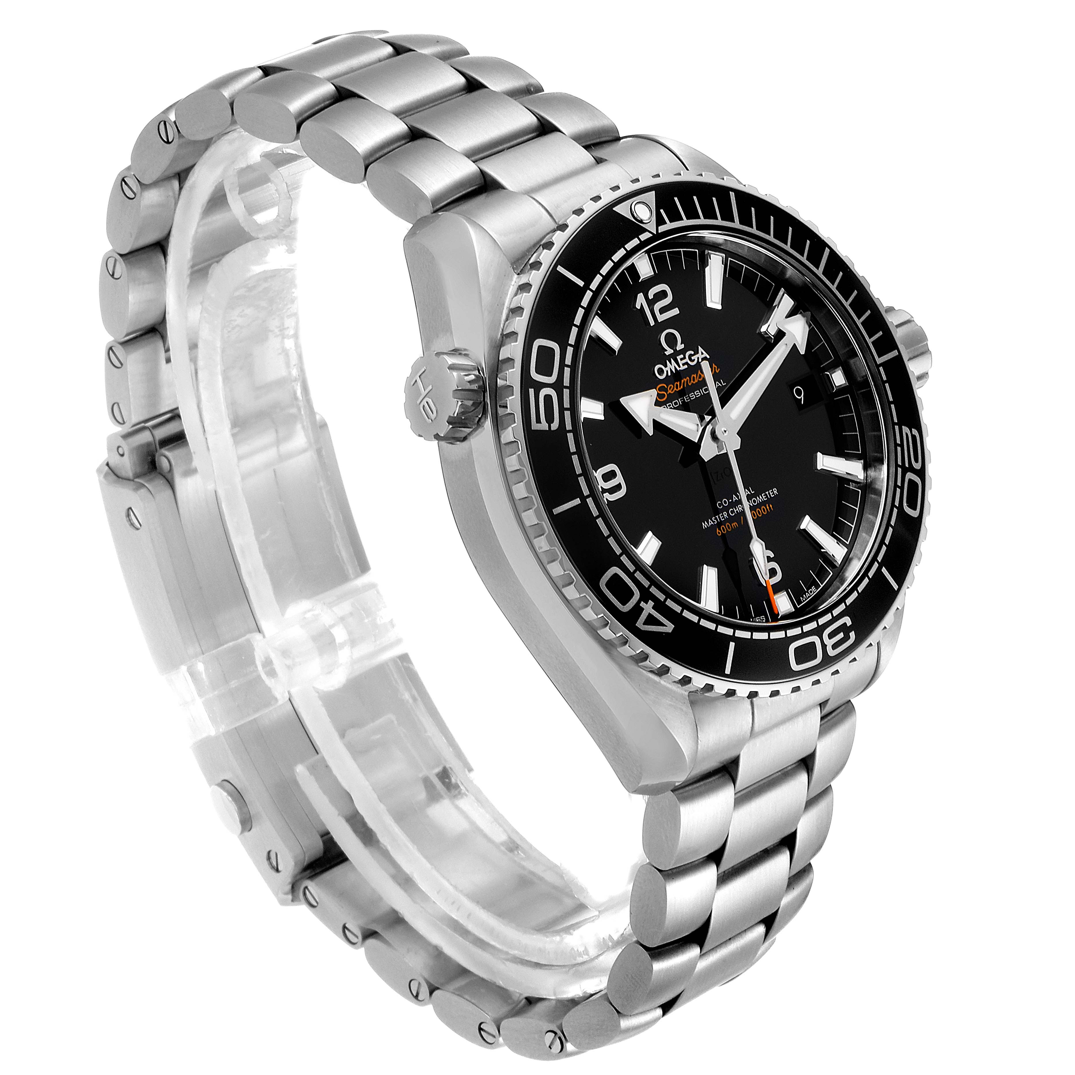 This image shows a side angle of the Omega Planet Ocean 215.30.44.21.01.001 Men
s Stainless Steel Black Dial 215.30.44.21.01.001 Men
s Stainless Steel Black Dial watch, highlighting its face, bezel, crown, and metal bracelet.
