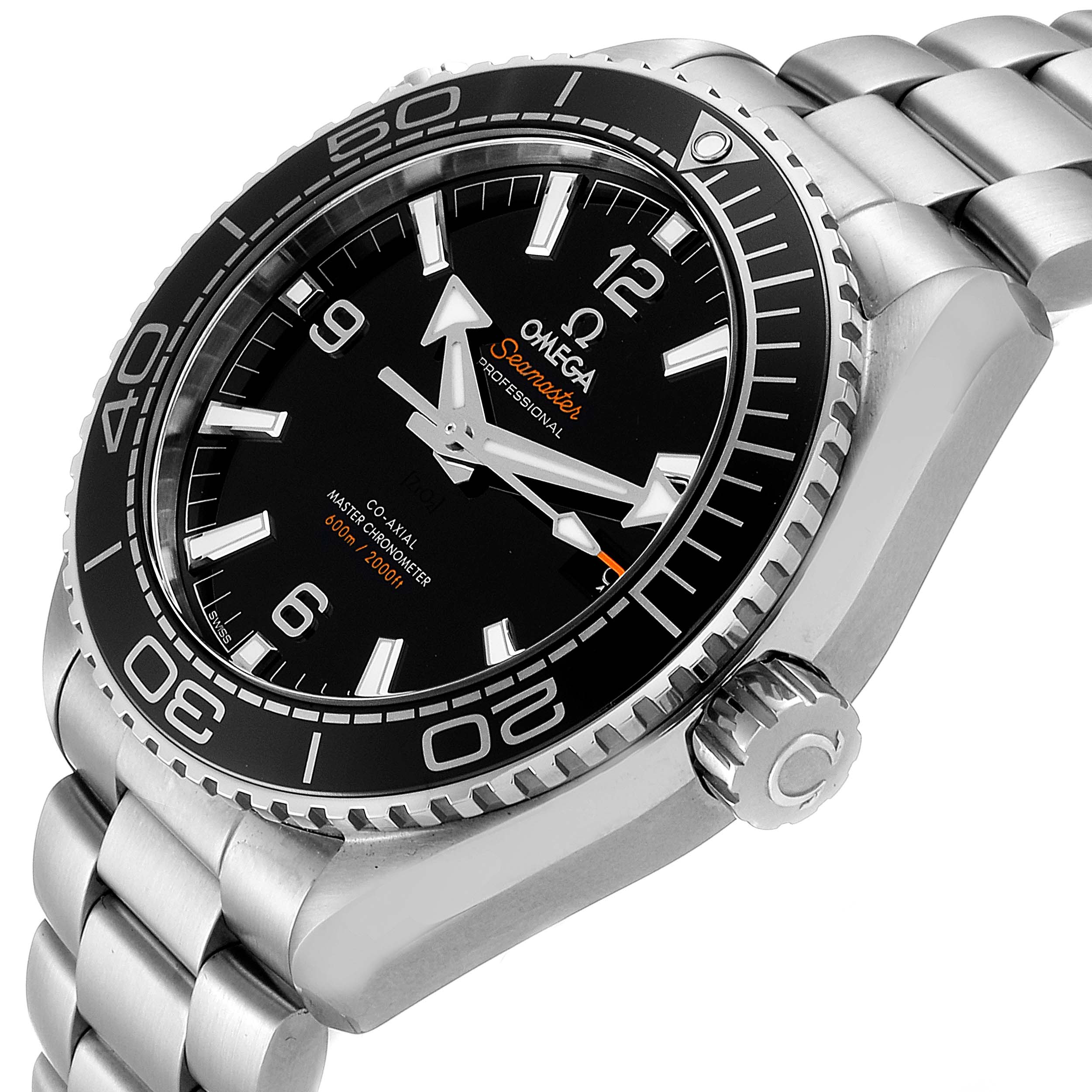 The image shows a side angle view of the Omega Planet Ocean 215.30.44.21.01.001 Men
s Stainless Steel Black Dial 215.30.44.21.01.001 Men
s Stainless Steel Black Dial watch, displaying its bezel, dial, crown, and metal bracelet.