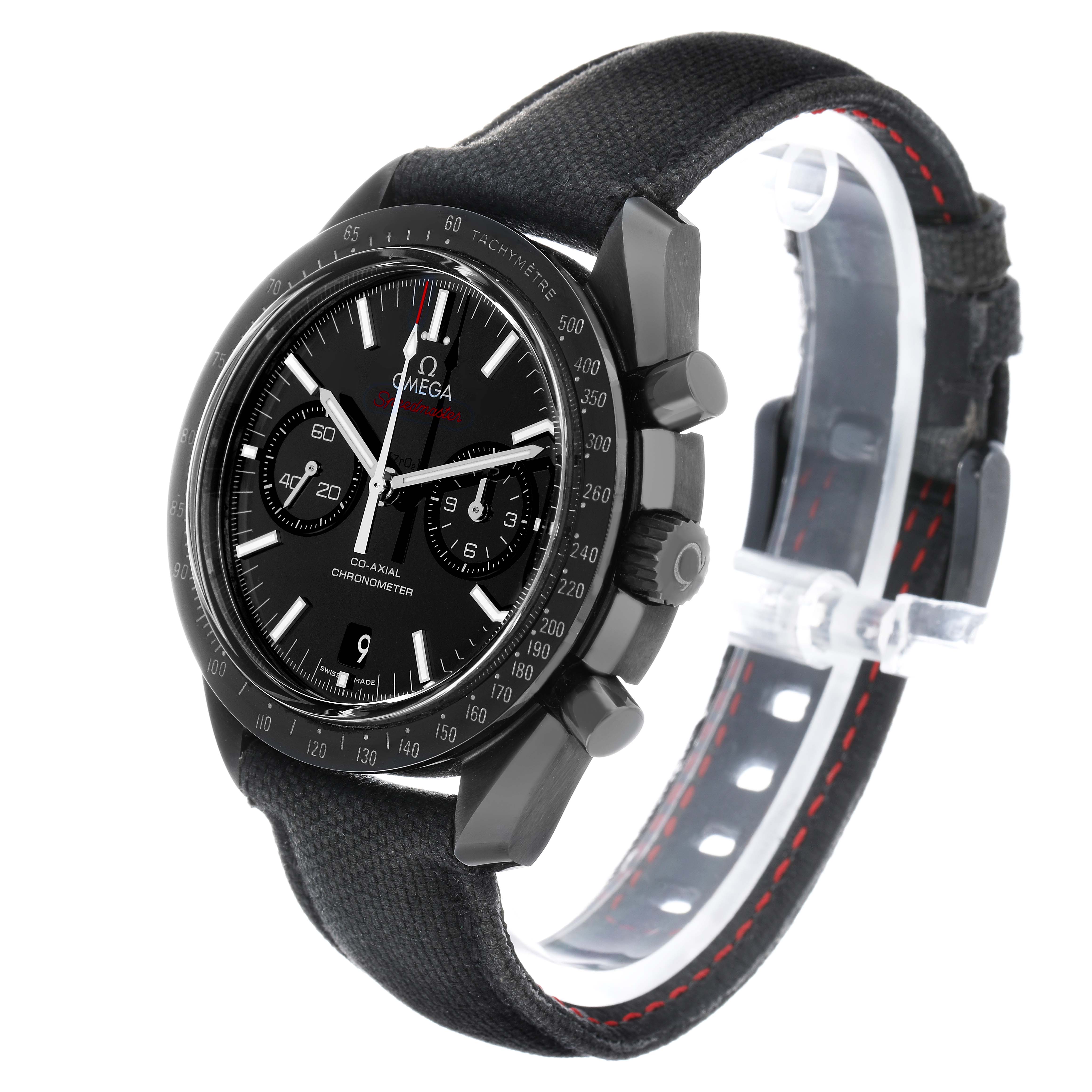 The Omega Speedmaster 311.92.44.51.01.003 Men's Ceramic Black Dial watch is shown from an angled side view, highlighting the face, bezel, pushers, and strap.