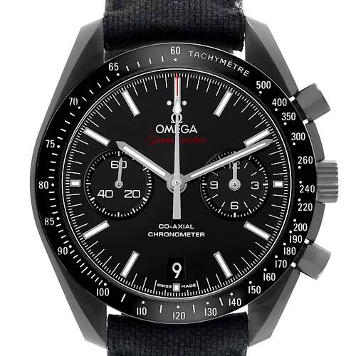 The Omega Speedmaster 311.92.44.51.01.003 Men's Ceramic Black Dial watch is shown from a front angle, displaying the dial, bezel, subdials, and crown.