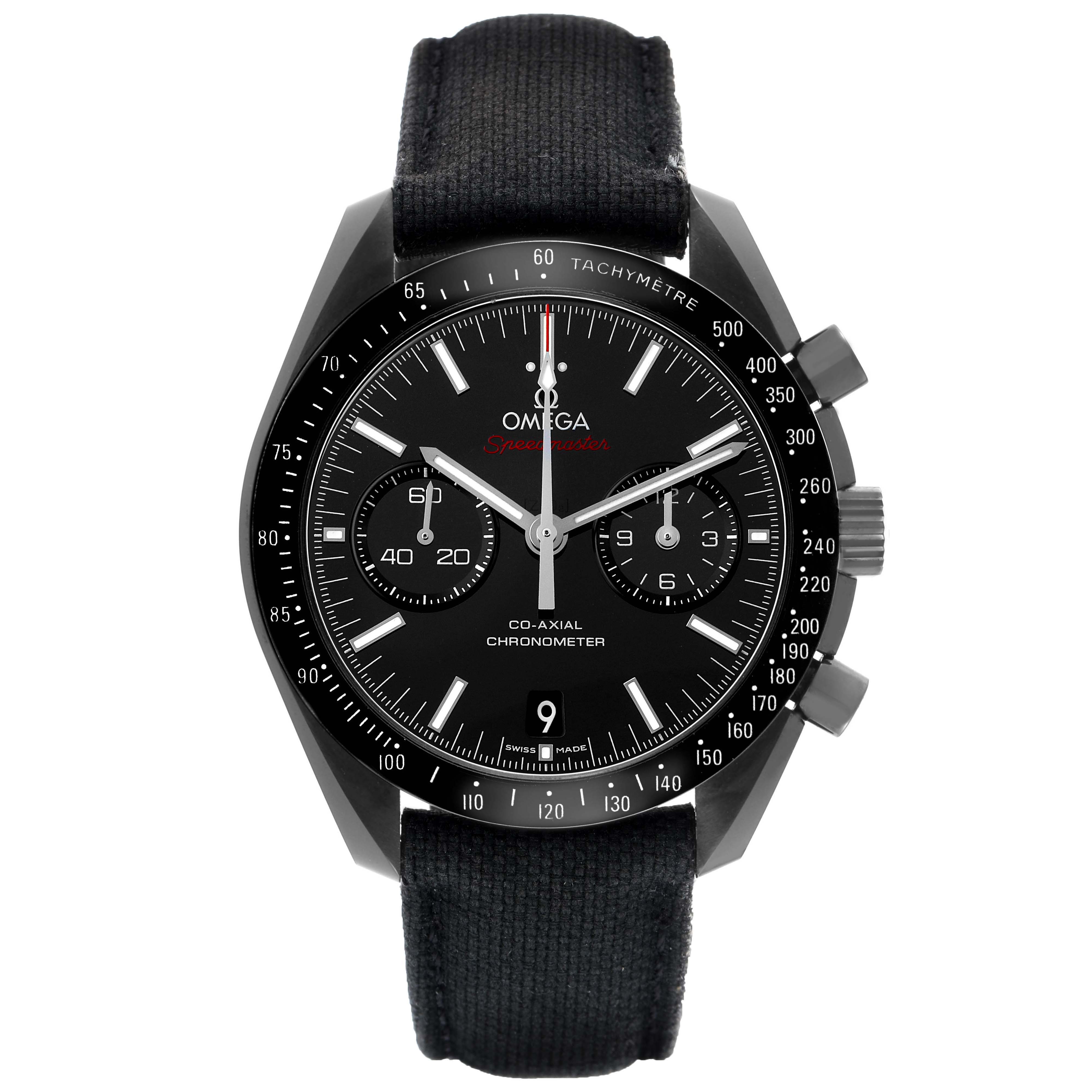 The Omega Speedmaster 311.92.44.51.01.003 Men's Ceramic Black Dial is shown from a front view, displaying its dial, subdials, bezel, and strap.