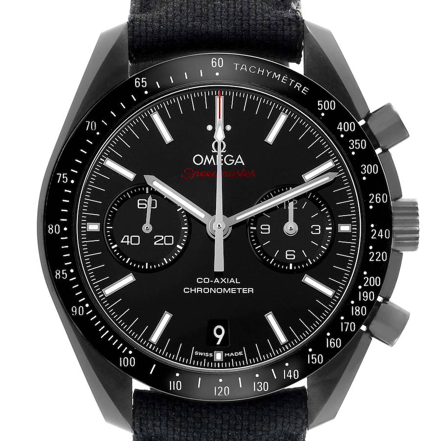 The Omega Speedmaster 311.92.44.51.01.003 Men's Ceramic Black Dial watch is shown from the front, displaying the dial, subdials, and bezel with the tachymeter scale.