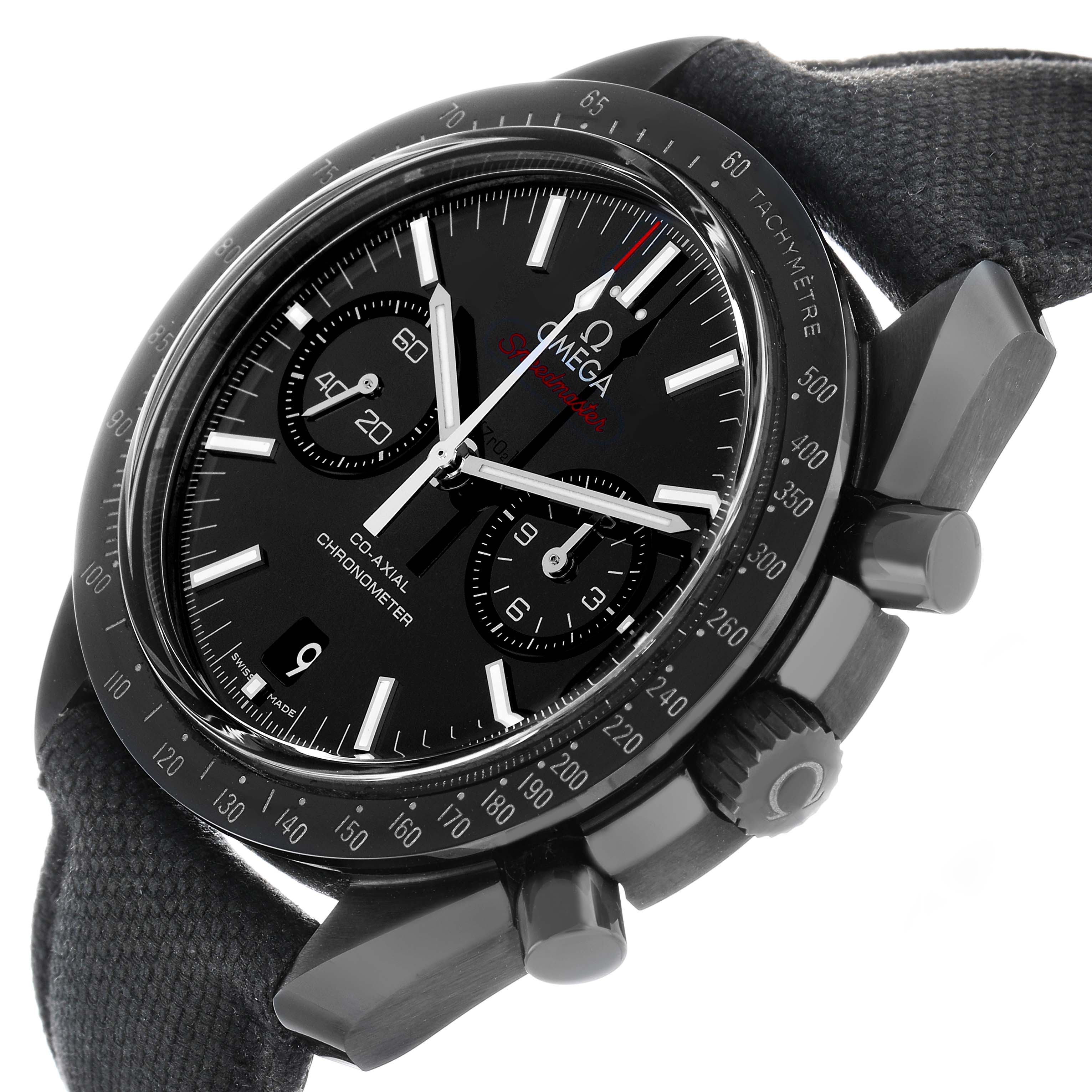 The Omega Speedmaster 311.92.44.51.01.003 Men's Ceramic Black Dial watch is shown from a three-quarter angle, highlighting the case, bezel, dial, and crown.