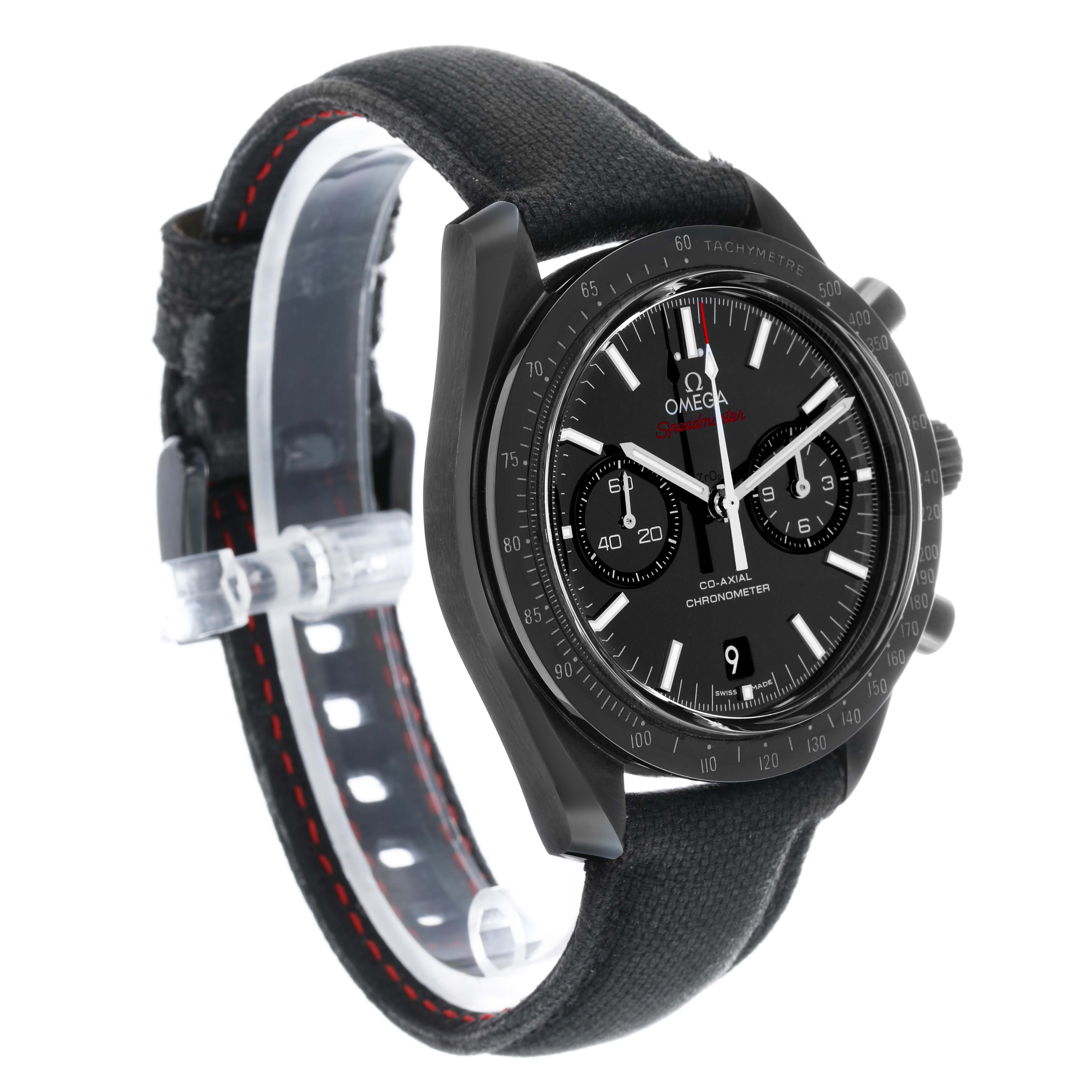The image shows a side angle of the Omega Speedmaster 311.92.44.51.01.003 Men's Ceramic Black Dial, highlighting the face, bezel, and strap.