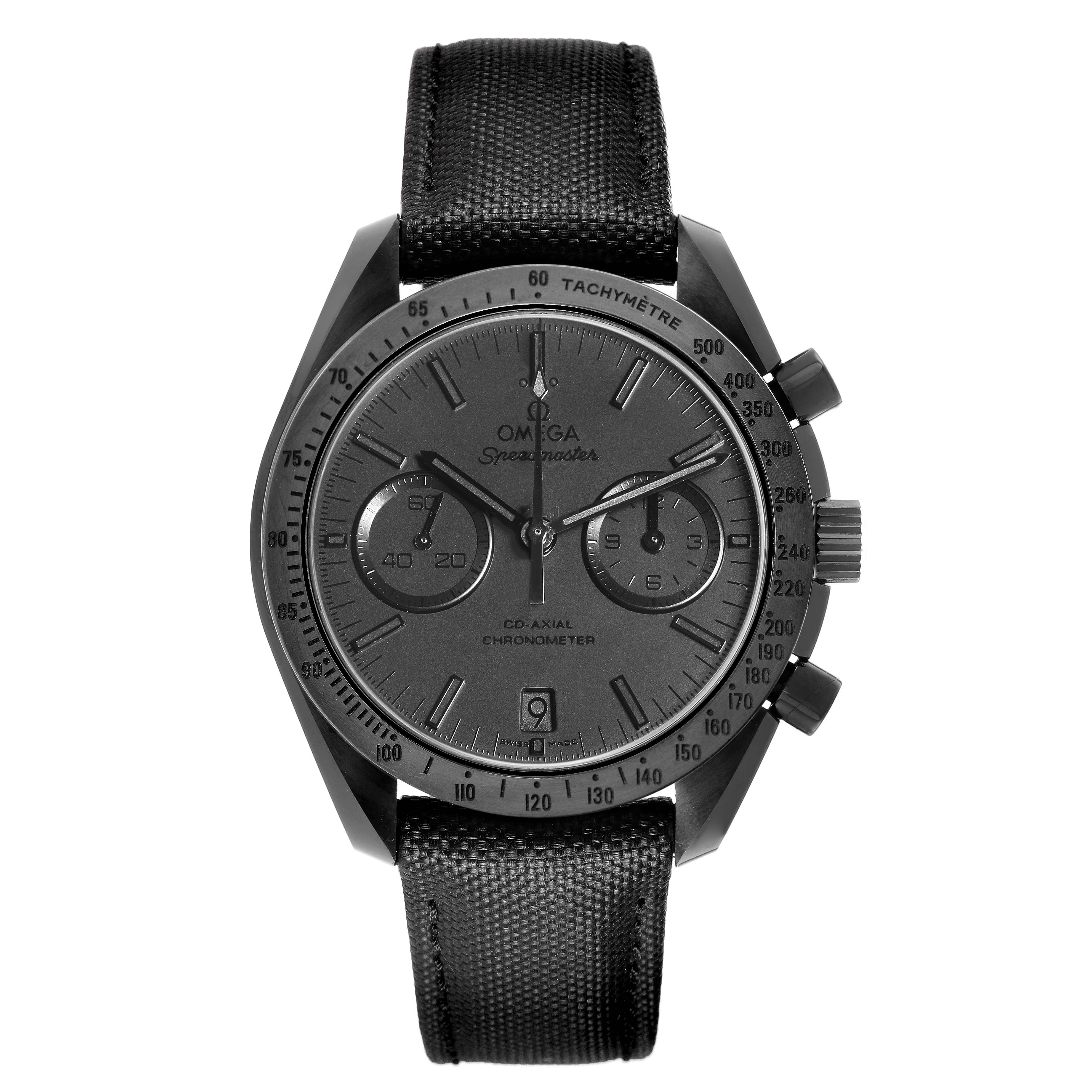 The Omega Speedmaster 311.92.44.51.01.005 Men's Ceramic Black Dial watch is shown from a front angle, displaying the dial, bezel, subdials, and textured strap.