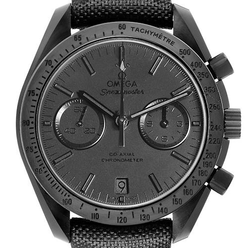 The Omega Speedmaster 311.92.44.51.01.005 Men's Ceramic Black Dial watch is shown from the front, displaying the dial, subdials, tachymeter, and crown.
