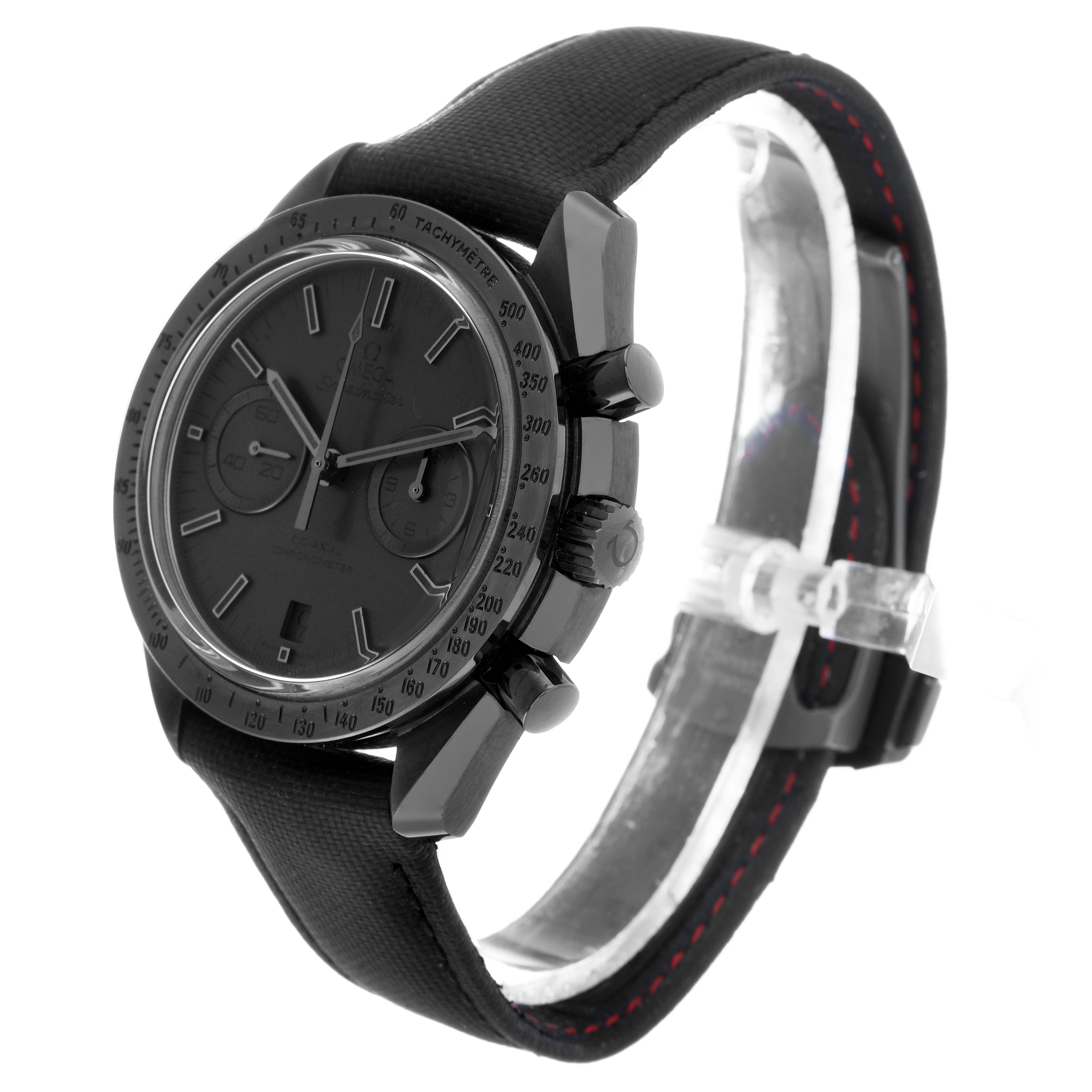 The Omega Speedmaster 311.92.44.51.01.005 Men's Ceramic Black Dial watch is shown at a three-quarter angle, highlighting the face, side buttons, and black strap.