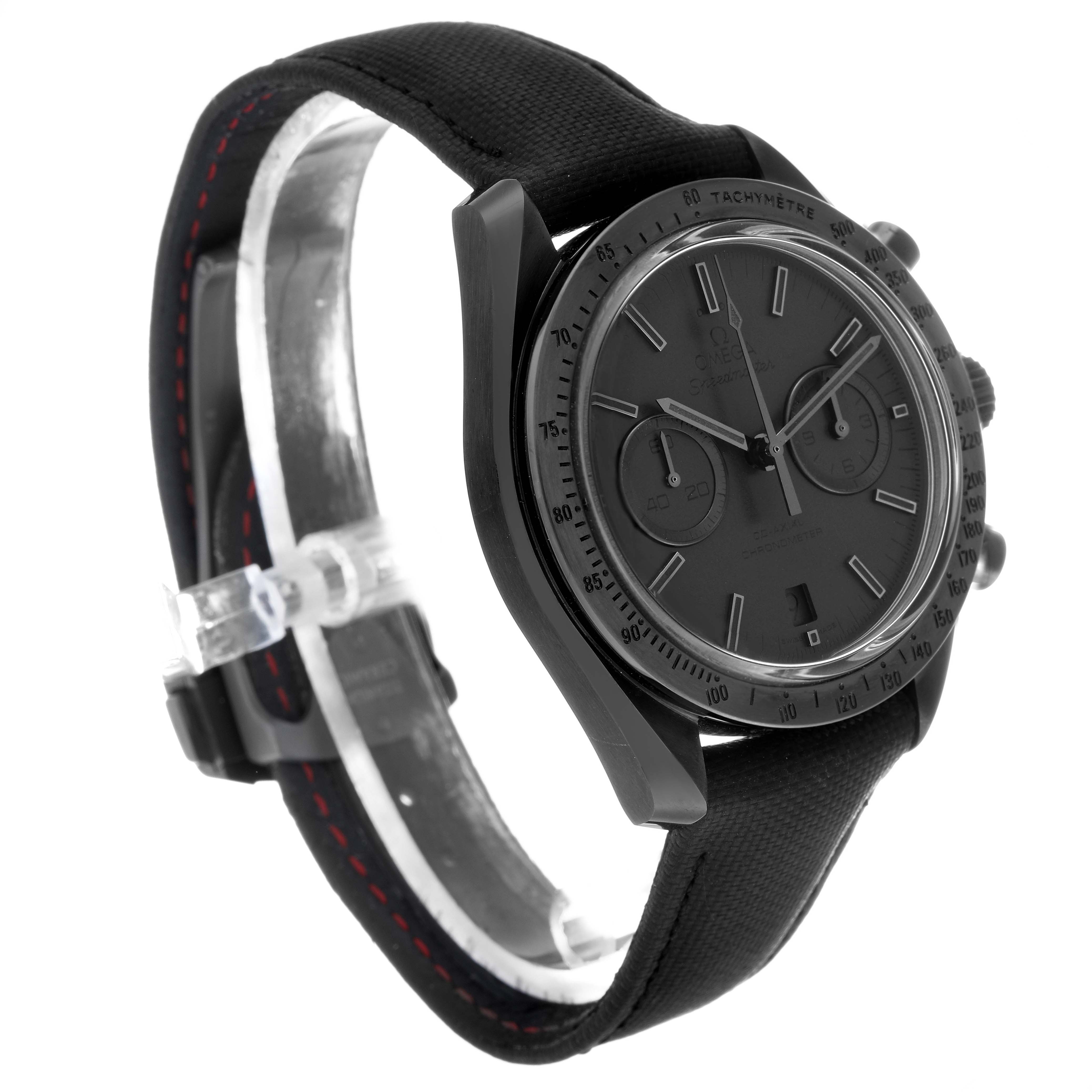 The Omega Speedmaster 311.92.44.51.01.005 Men's Ceramic Black Dial watch is shown at a three-quarter angle, displaying its face, bezel, strap, and side pushers.