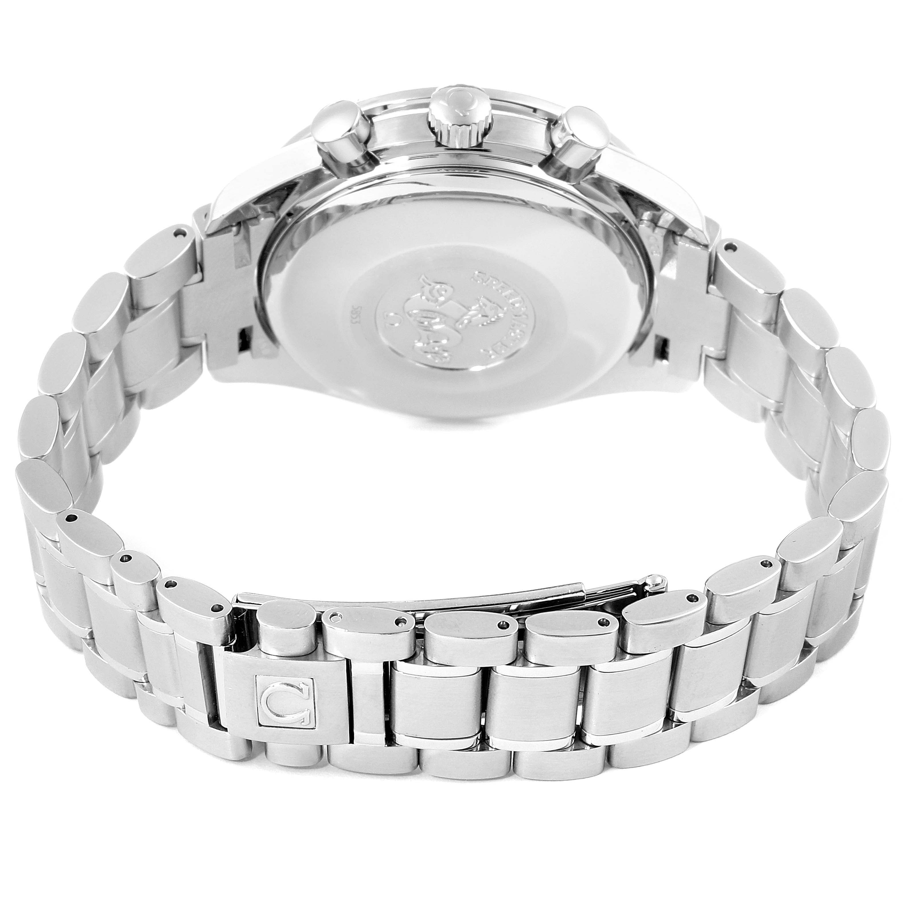 This image shows the back and stainless steel bracelet of an Omega Speedmaster 3513.50.00 Men
s Stainless Steel Black Dial 3513.50.00 Men
s Stainless Steel Black Dial watch from a rear angle.