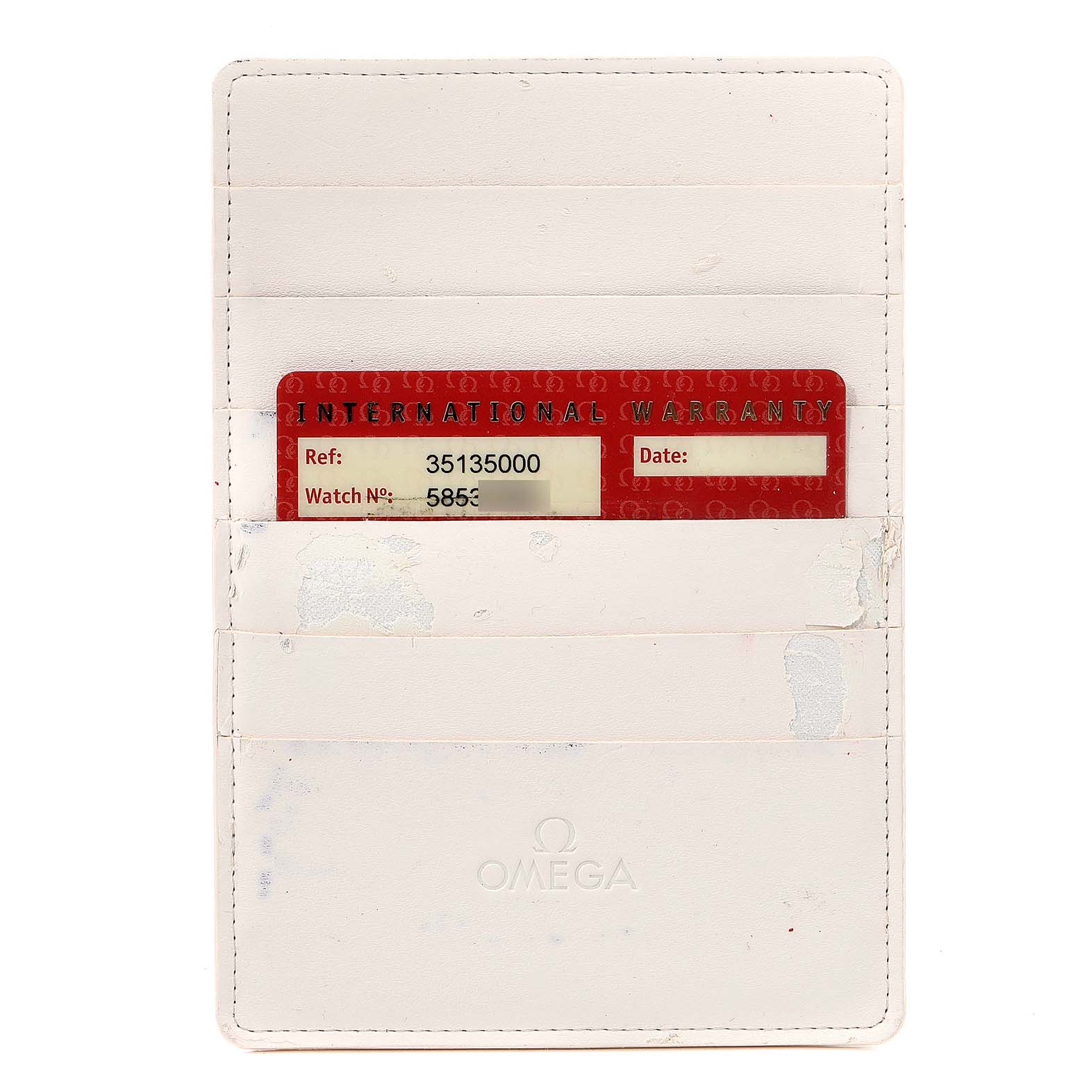 This image shows an Omega Speedmaster 3513.50.00 Men
s Stainless Steel Black Dial 3513.50.00 Men
s Stainless Steel Black Dial warranty card inside a white cardholder.