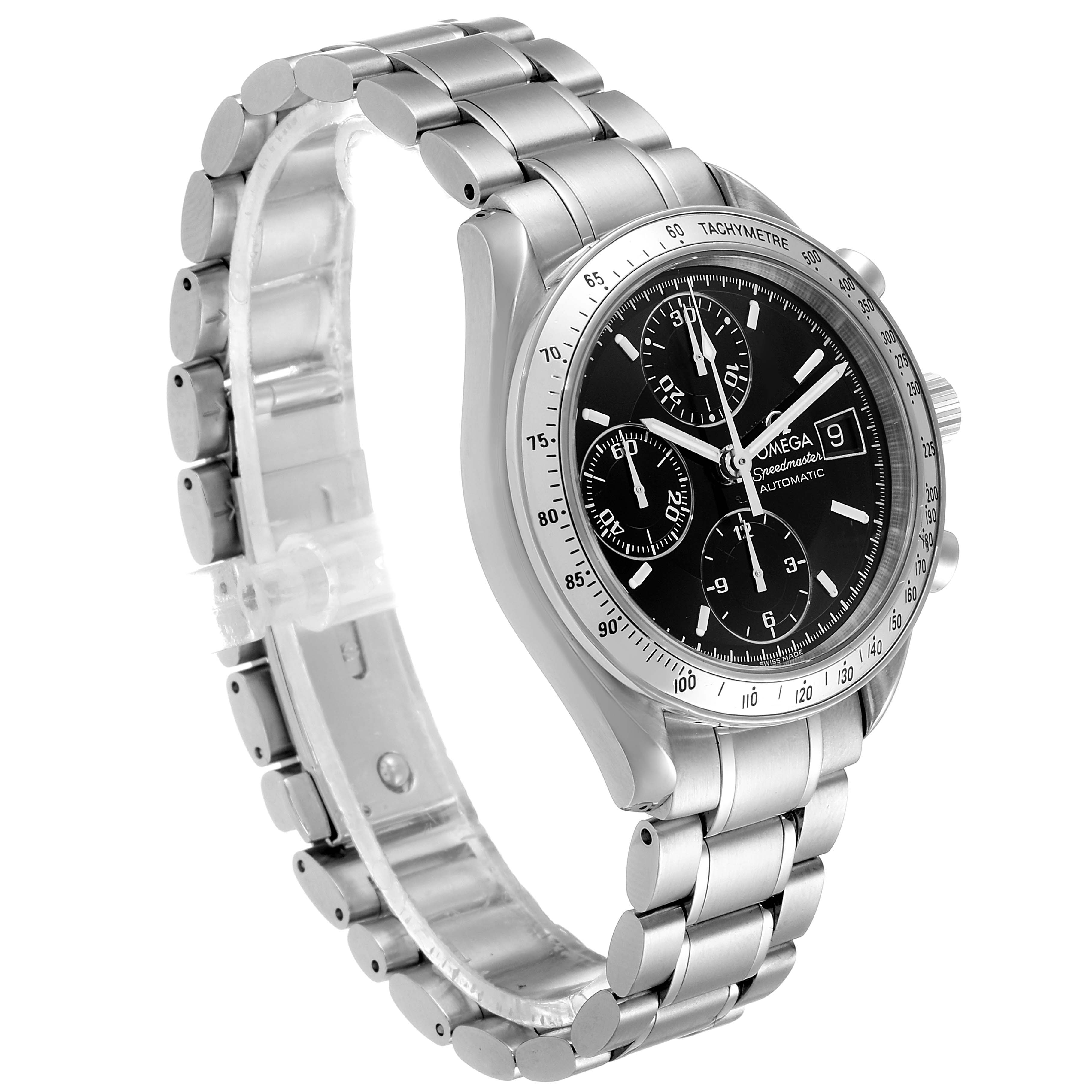 This image shows an Omega Speedmaster 3513.50.00 Men
s Stainless Steel Black Dial 3513.50.00 Men
s Stainless Steel Black Dial watch in a three-quarter view, highlighting its black dial, tachymeter bezel, and stainless steel bracelet.