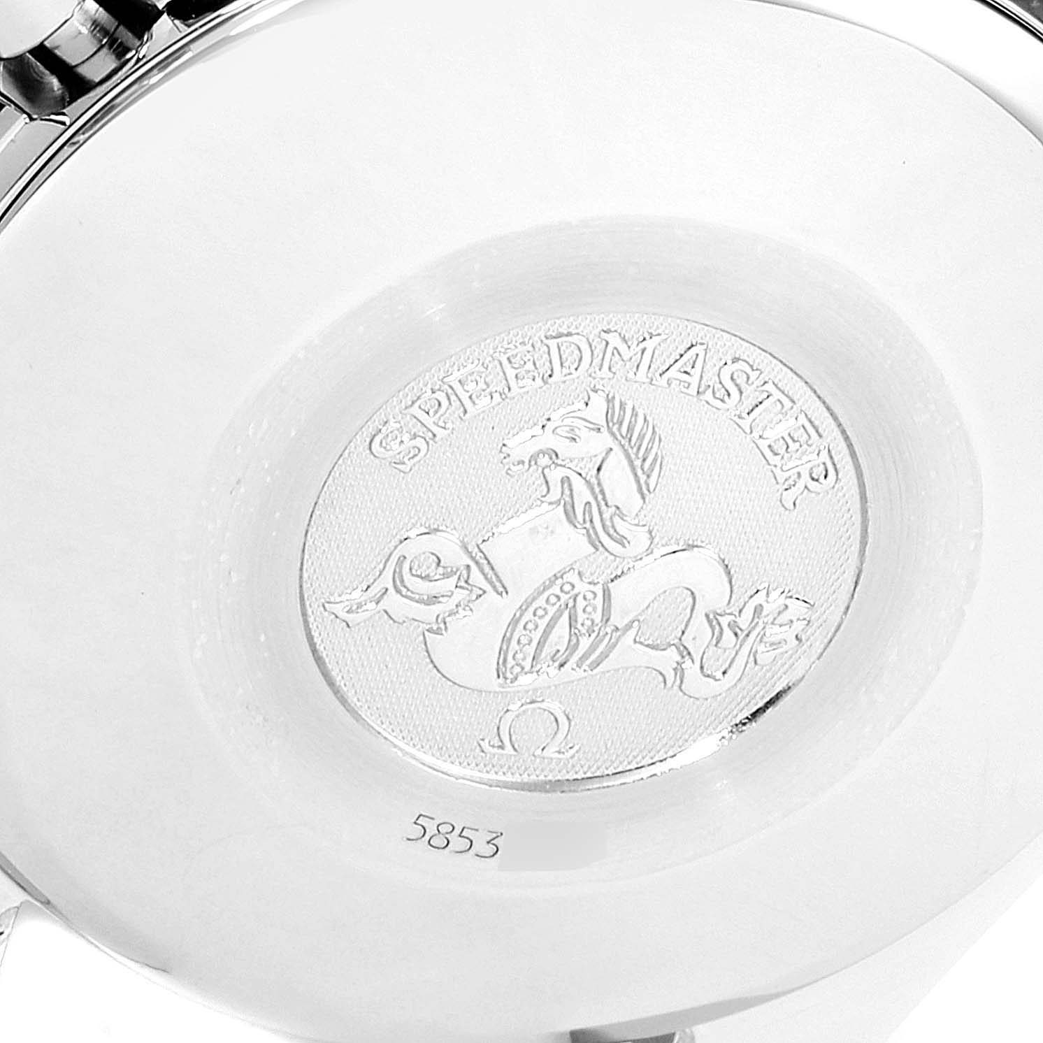 The image shows the engraved caseback of an Omega Speedmaster 3513.50.00 Men
s Stainless Steel Black Dial 3513.50.00 Men
s Stainless Steel Black Dial watch with the Speedmaster logo and a number.