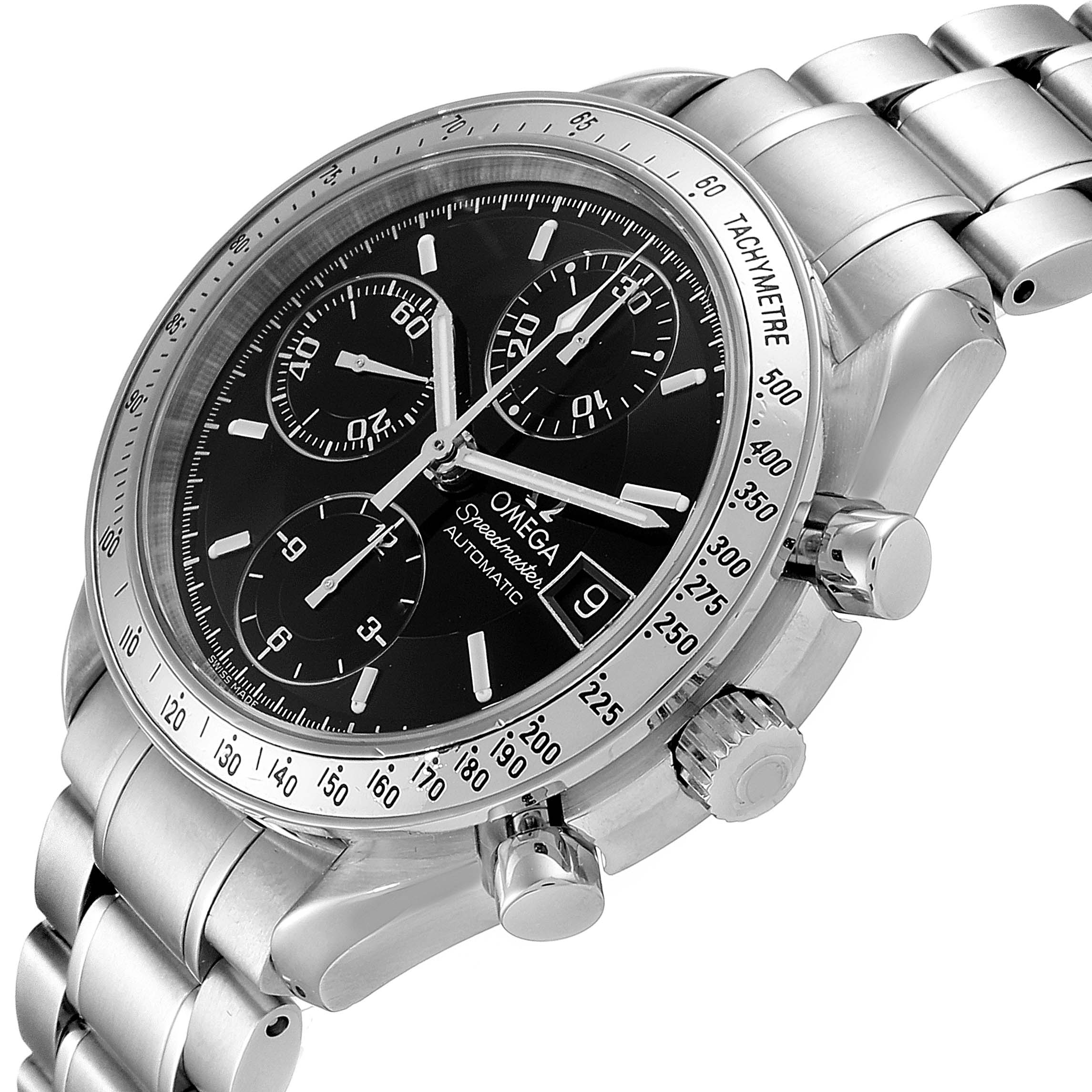 The image shows a close-up side angle of the Omega Speedmaster 3513.50.00 Men
s Stainless Steel Black Dial 3513.50.00 Men
s Stainless Steel Black Dial watch, highlighting its face, crown, pushers, and stainless steel bracelet.