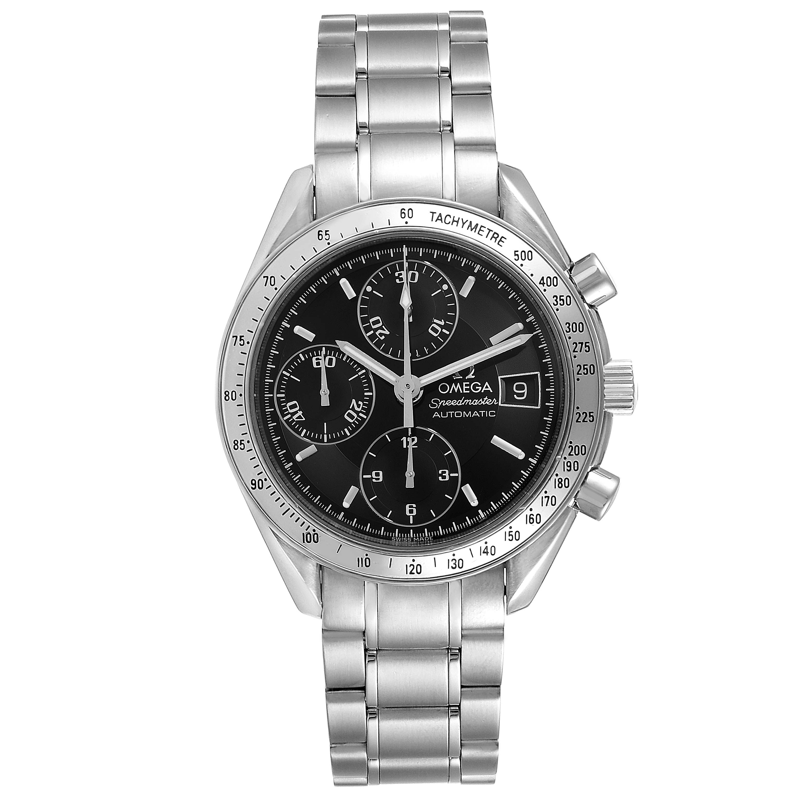 This is a frontal view of an Omega Speedmaster 3513.50.00 Men
s Stainless Steel Black Dial 3513.50.00 Men
s Stainless Steel Black Dial watch showing the dial, chronograph subdials, bracelet, and tachymeter bezel.