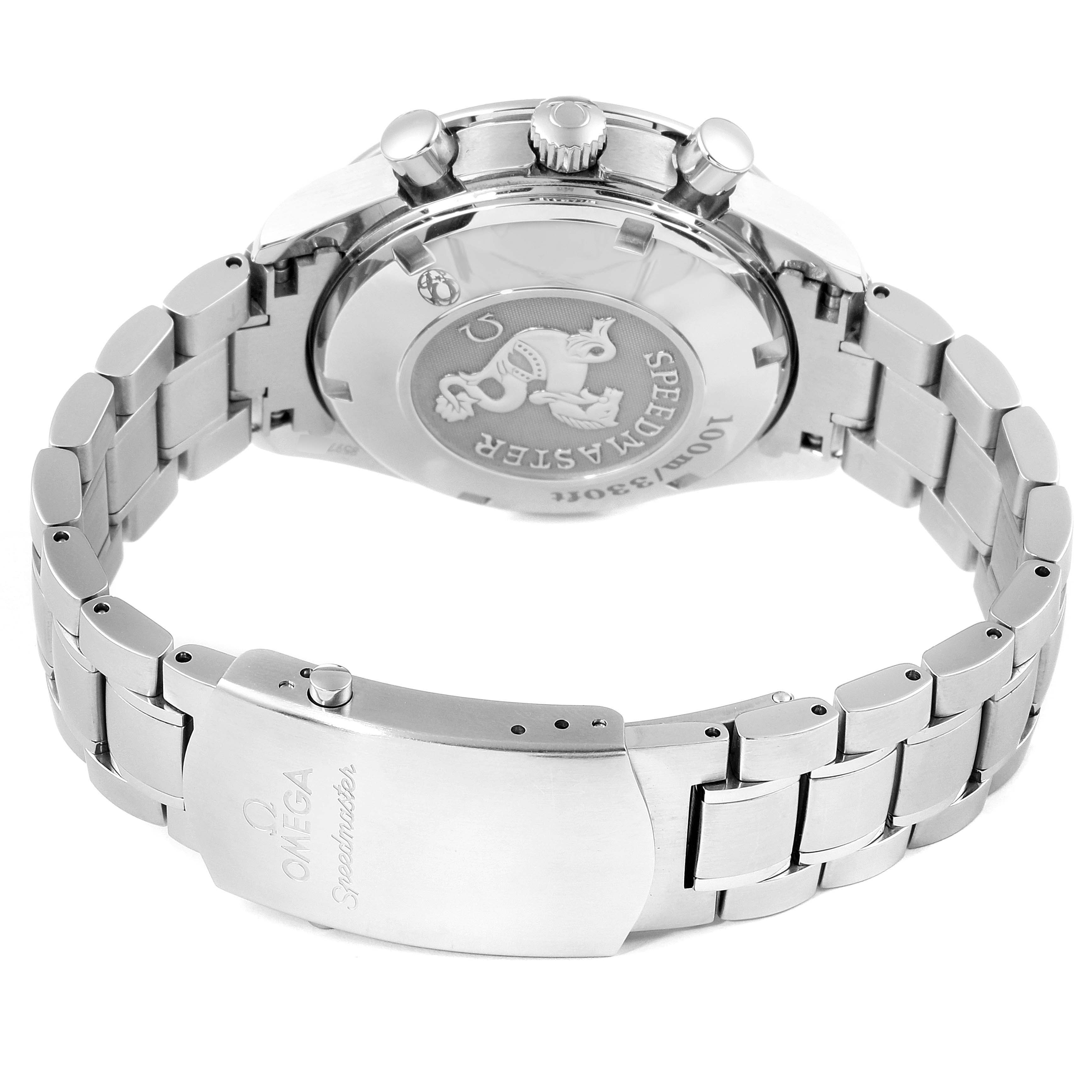 The image shows the back view of an Omega Speedmaster 323.30.40.40.06.001 Men's Stainless Steel Grey Dial 323.30.40.40.06.001 Men's Stainless Steel Grey Dial watch, focusing on the case back and metal bracelet.