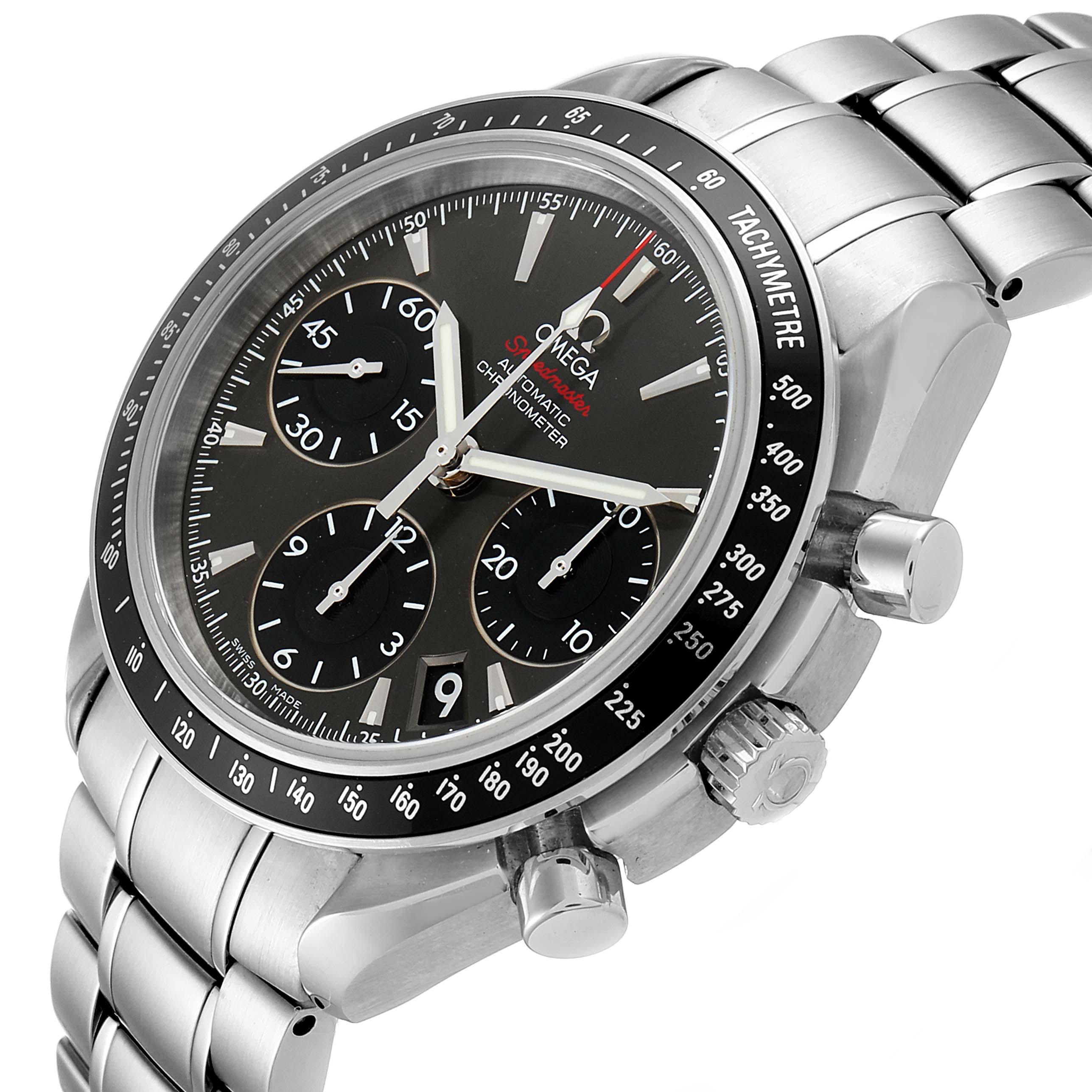 The image shows an angled view of the Omega Speedmaster 323.30.40.40.06.001 Men's Stainless Steel Grey Dial 323.30.40.40.06.001 Men's Stainless Steel Grey Dial watch, highlighting the bezel, crown, pushers, and tachymeter scale.