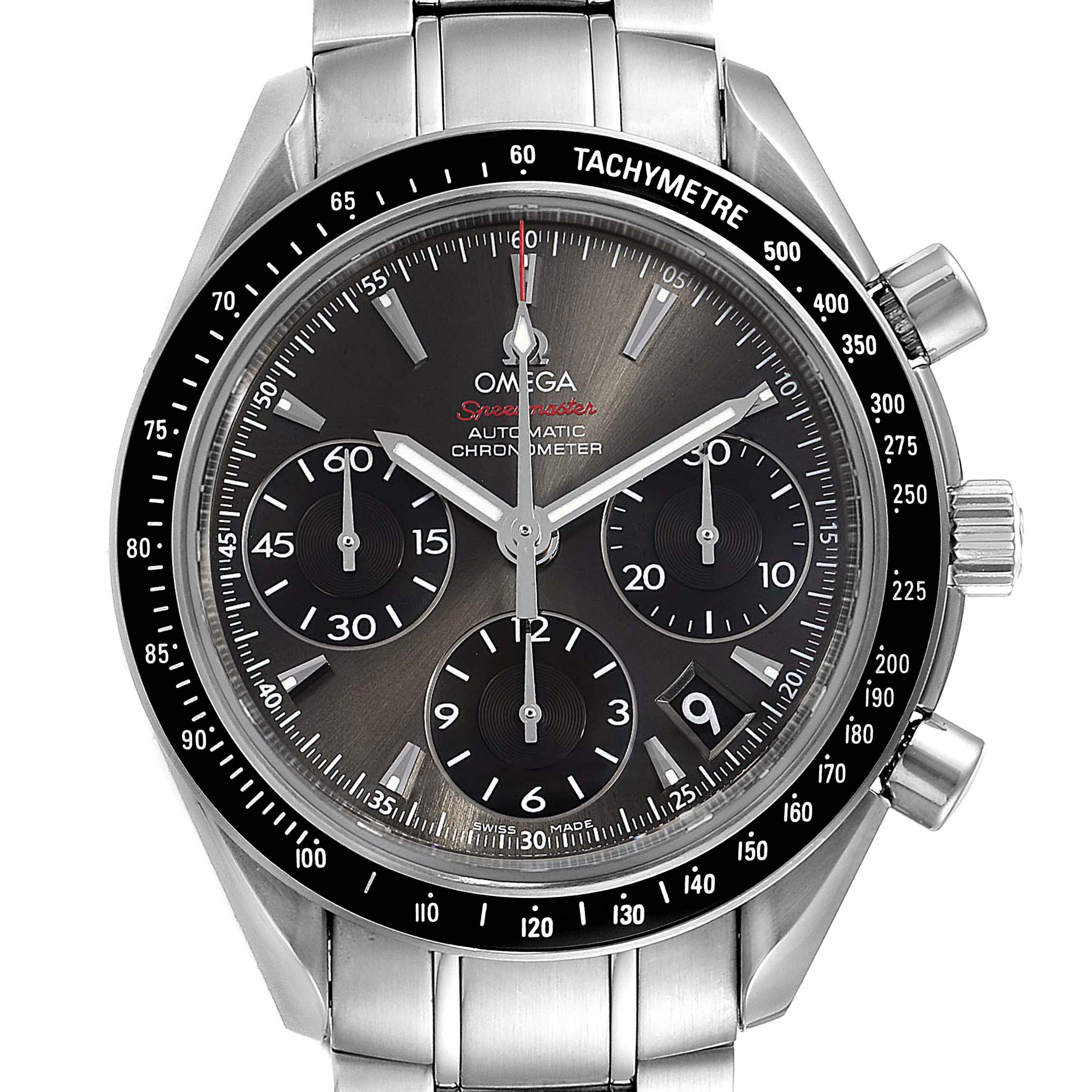 The image shows a front view of the Omega Speedmaster 323.30.40.40.06.001 Men's Stainless Steel Grey Dial 323.30.40.40.06.001 Men's Stainless Steel Grey Dial watch, displaying its dial, subdials, tachymeter bezel, and pushers.