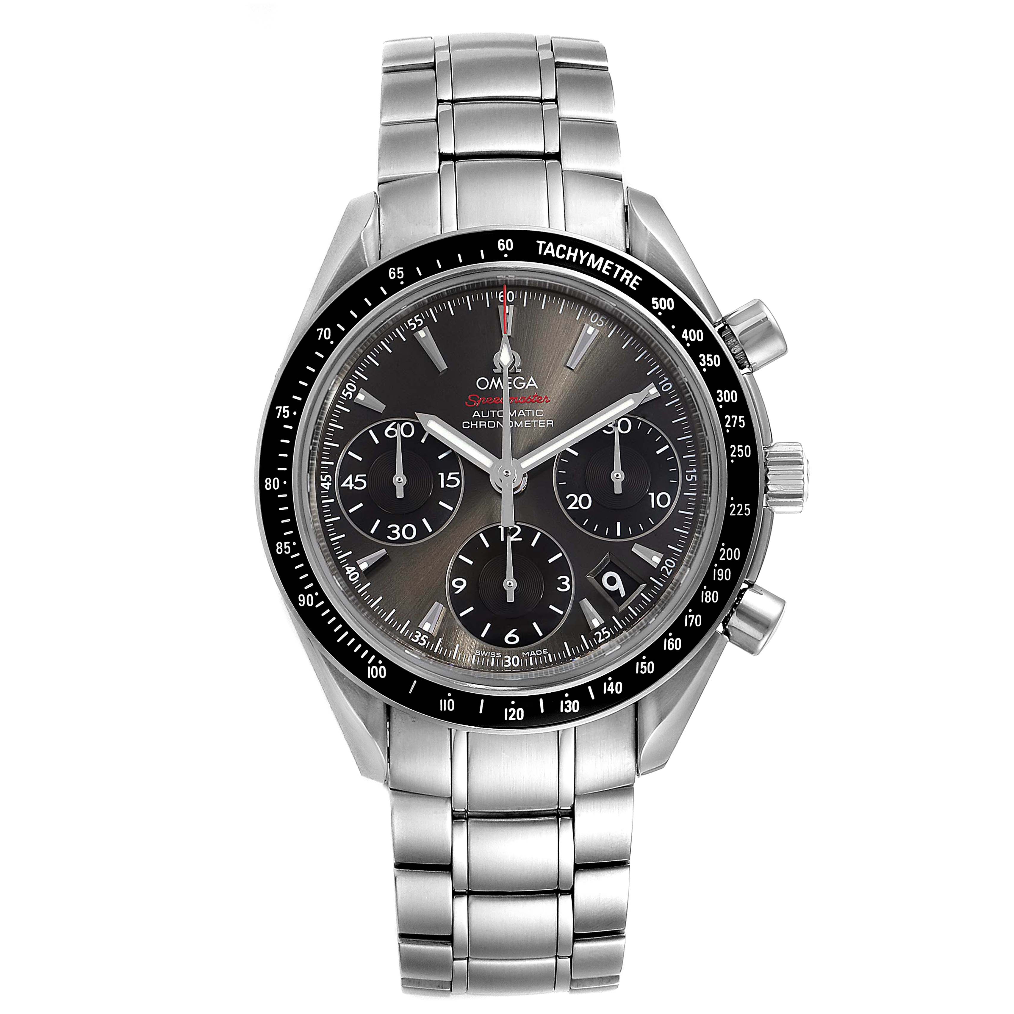 The image shows a front view of an Omega Speedmaster 323.30.40.40.06.001 Men's Stainless Steel Grey Dial 323.30.40.40.06.001 Men's Stainless Steel Grey Dial watch, displaying its dial, bezel, pushers, and stainless steel bracelet.