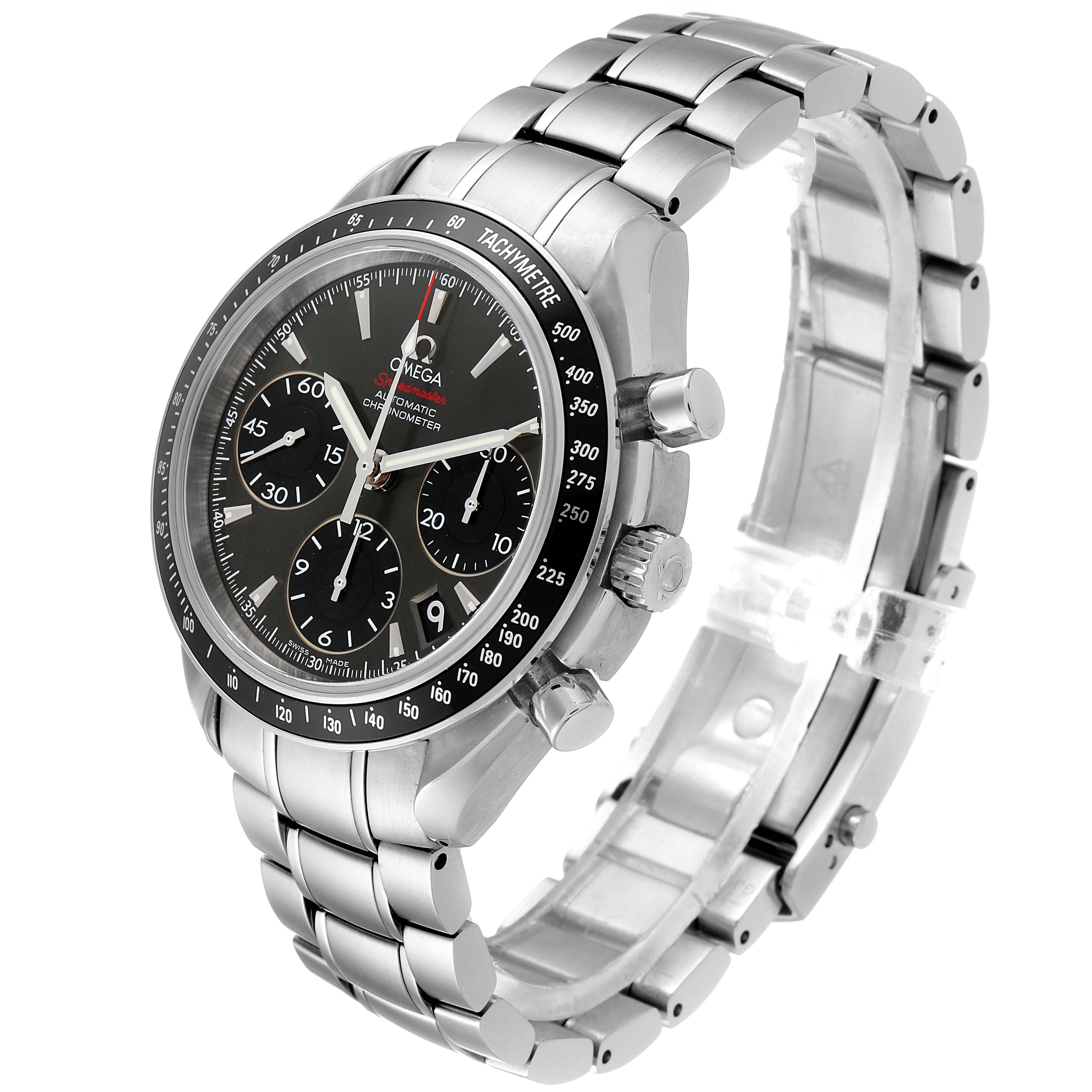The image shows an Omega Speedmaster 323.30.40.40.06.001 Men's Stainless Steel Grey Dial 323.30.40.40.06.001 Men's Stainless Steel Grey Dial watch from a three-quarter view, highlighting the dial, bezel, chronograph subdials, and stainless steel bracelet.