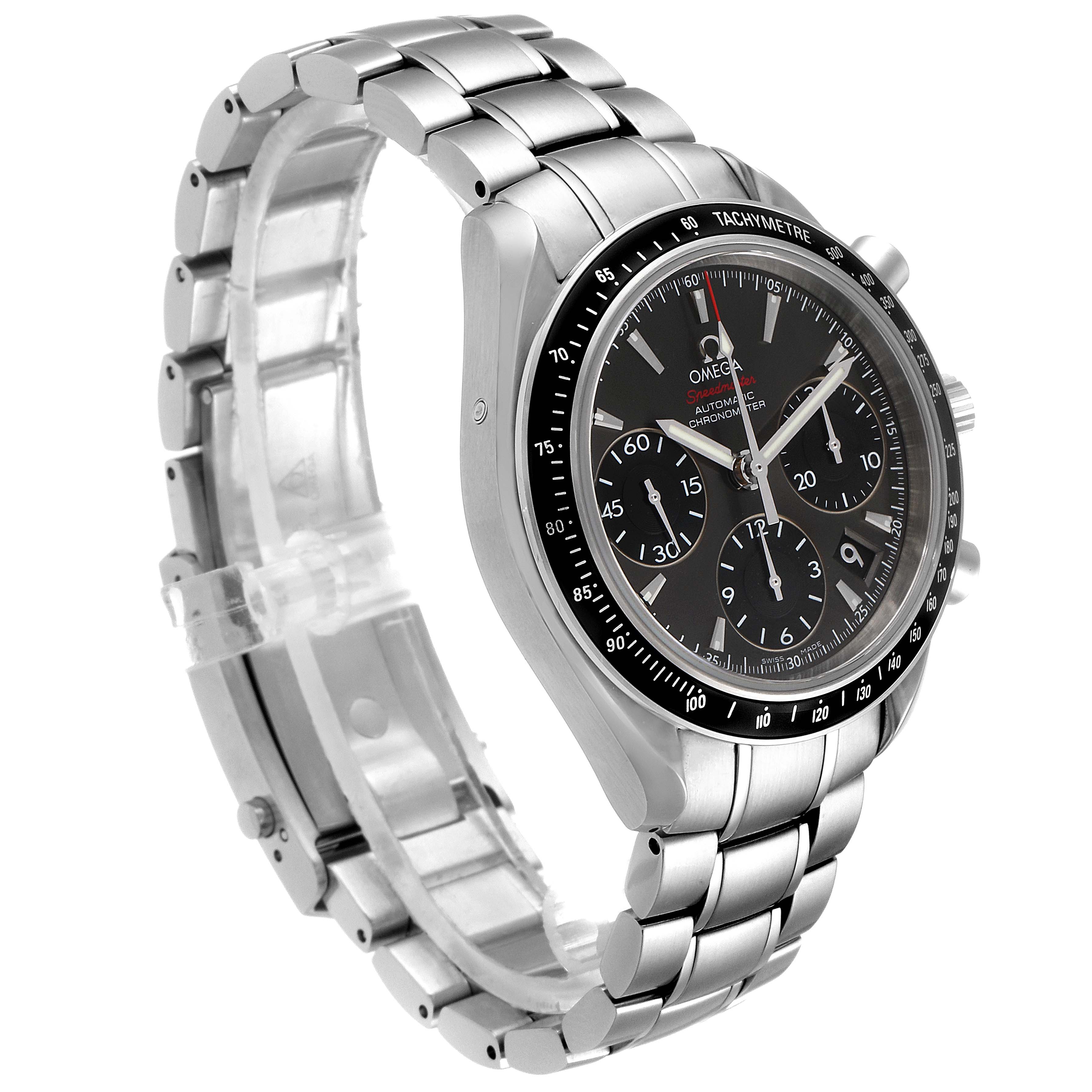 This image shows a side angle of the Omega Speedmaster 323.30.40.40.06.001 Men's Stainless Steel Grey Dial 323.30.40.40.06.001 Men's Stainless Steel Grey Dial watch highlighting its dial, case, and metal bracelet.