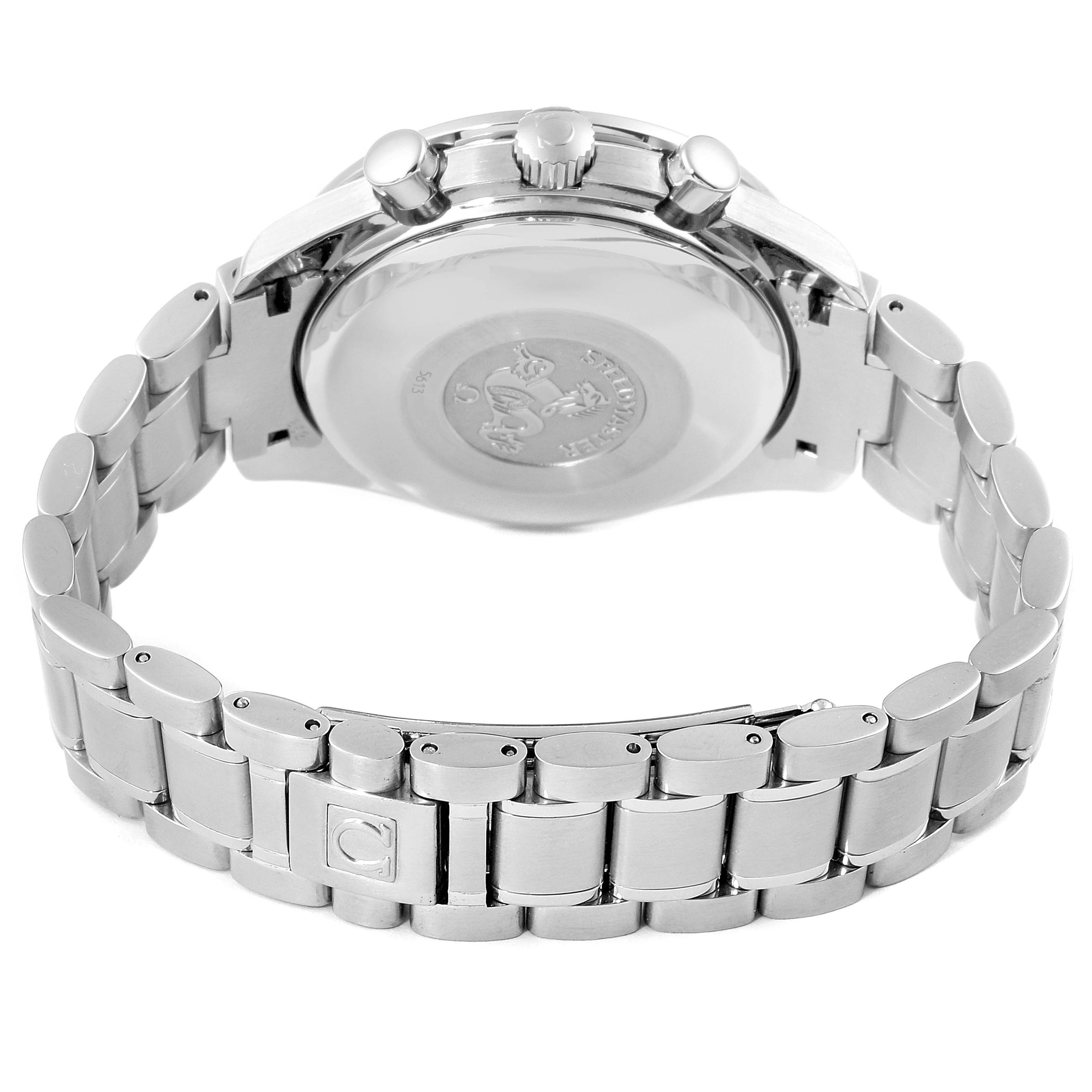 The image shows the back and side view of the Omega Speedmaster 3520.50.00 Men
s Stainless Steel Black Dial 3520.50.00 Men
s Stainless Steel Black Dial watch, highlighting the bracelet, case back, and pushers.