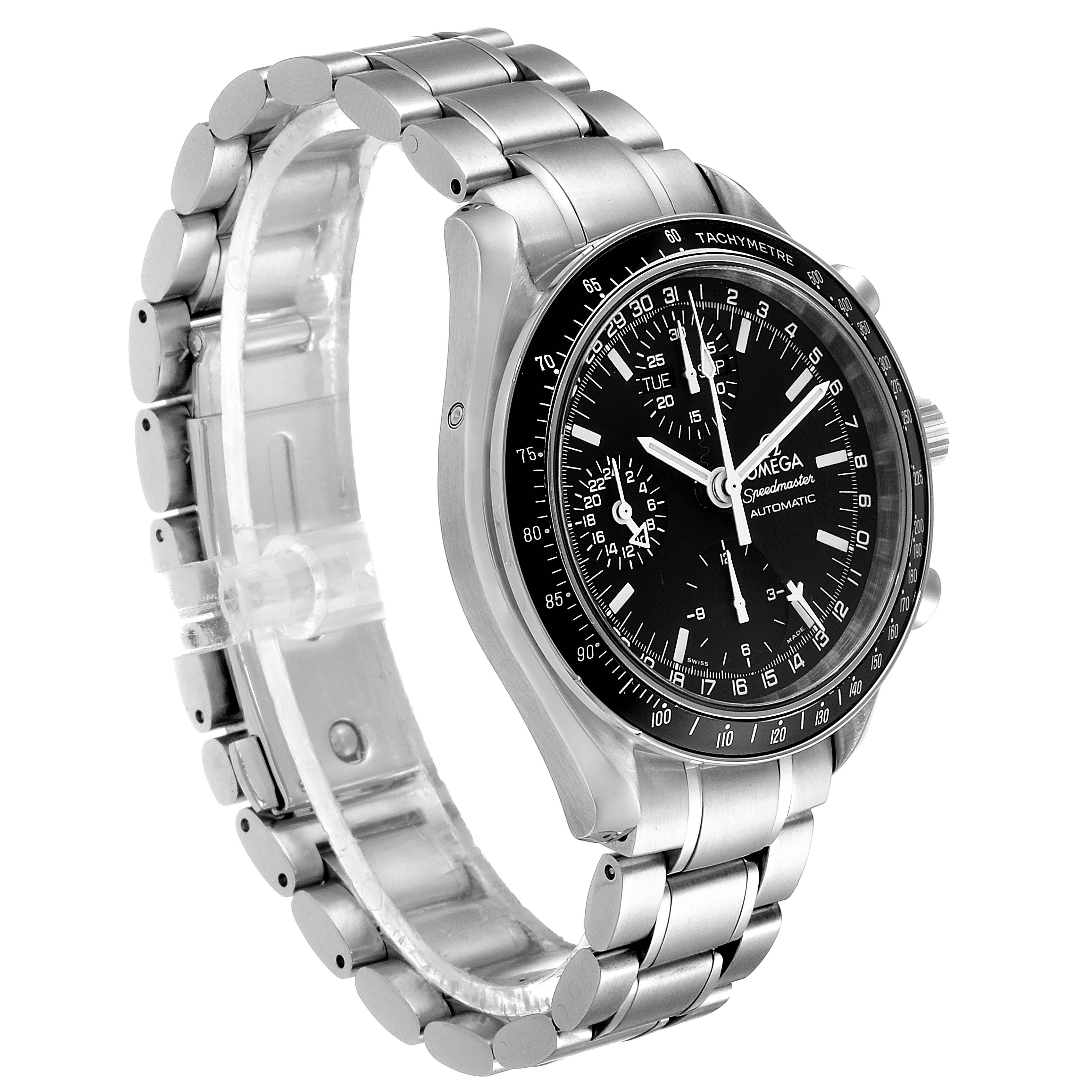 The Omega Speedmaster 3520.50.00 Men
s Stainless Steel Black Dial 3520.50.00 Men
s Stainless Steel Black Dial watch is shown from a front-left angle, detailing the face, bezel, and metal bracelet.