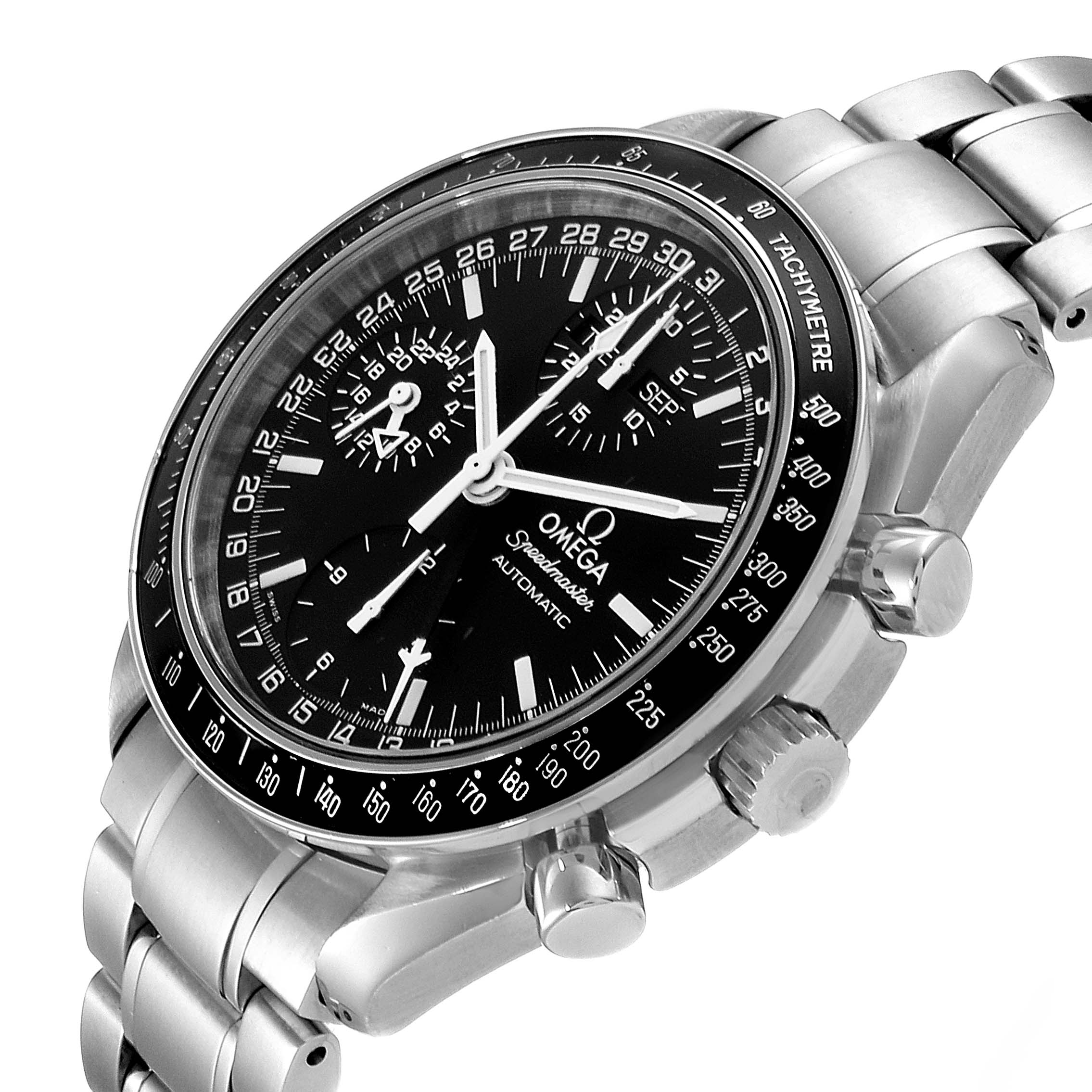 The image shows an angled view of an Omega Speedmaster 3520.50.00 Men
s Stainless Steel Black Dial 3520.50.00 Men
s Stainless Steel Black Dial watch, highlighting its black dial, sub-dials, tachymeter bezel, and stainless steel bracelet.
