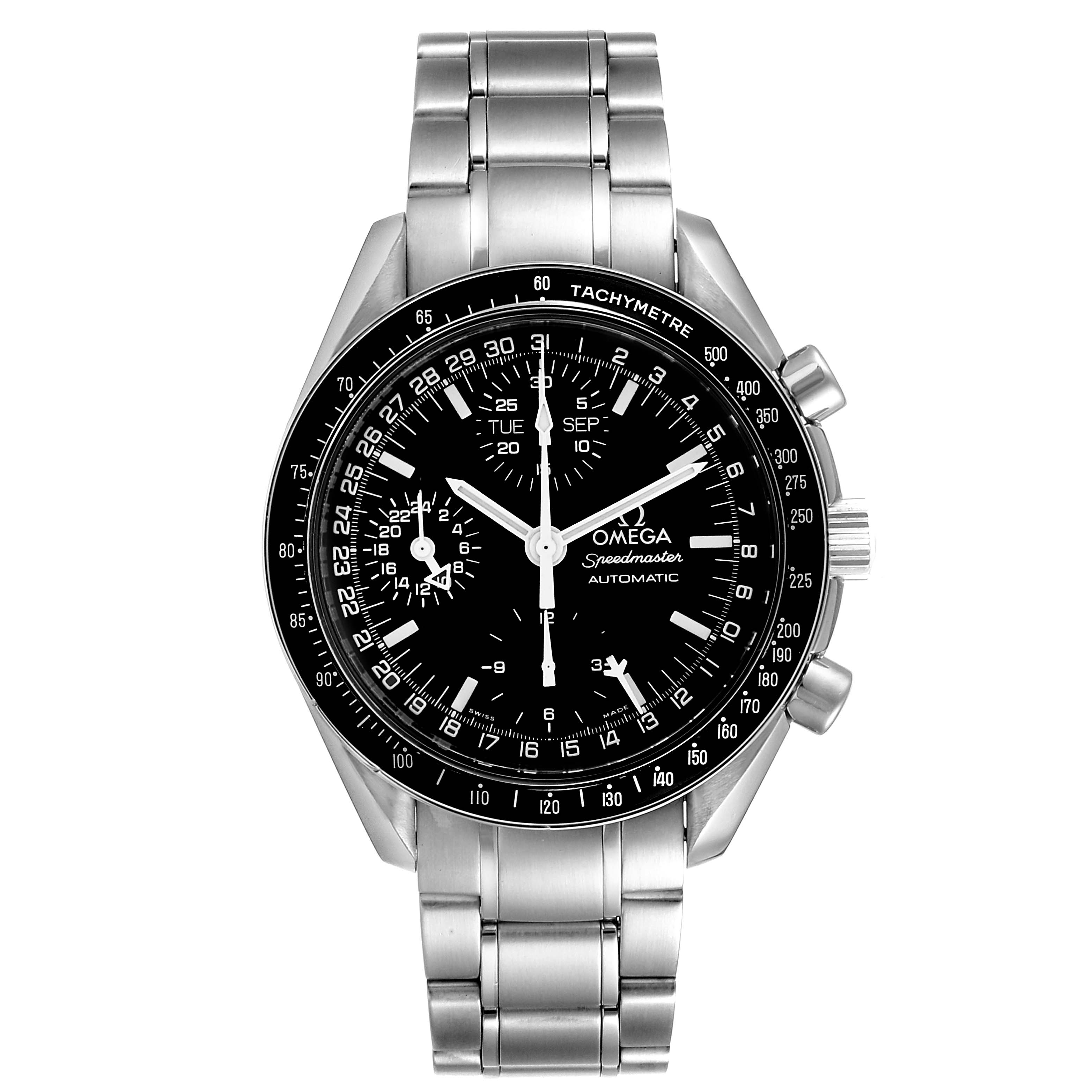 The image shows a front view of an Omega Speedmaster 3520.50.00 Men
s Stainless Steel Black Dial 3520.50.00 Men
s Stainless Steel Black Dial watch, highlighting its stainless steel bracelet, tachymeter bezel, and black dial.