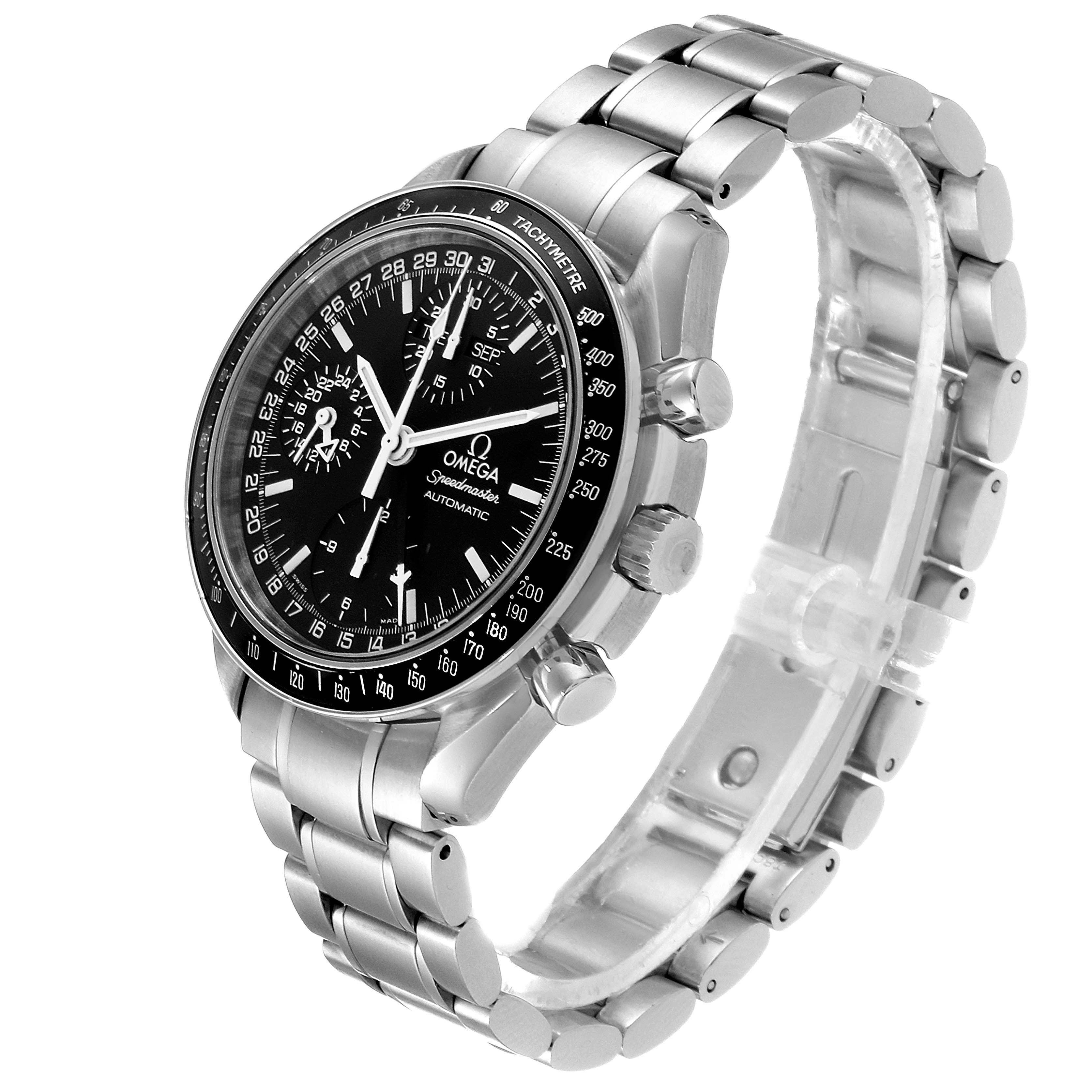 The Omega Speedmaster 3520.50.00 Men
s Stainless Steel Black Dial 3520.50.00 Men
s Stainless Steel Black Dial watch is shown from a three-quarter angle, highlighting the face, bracelet, and side buttons.