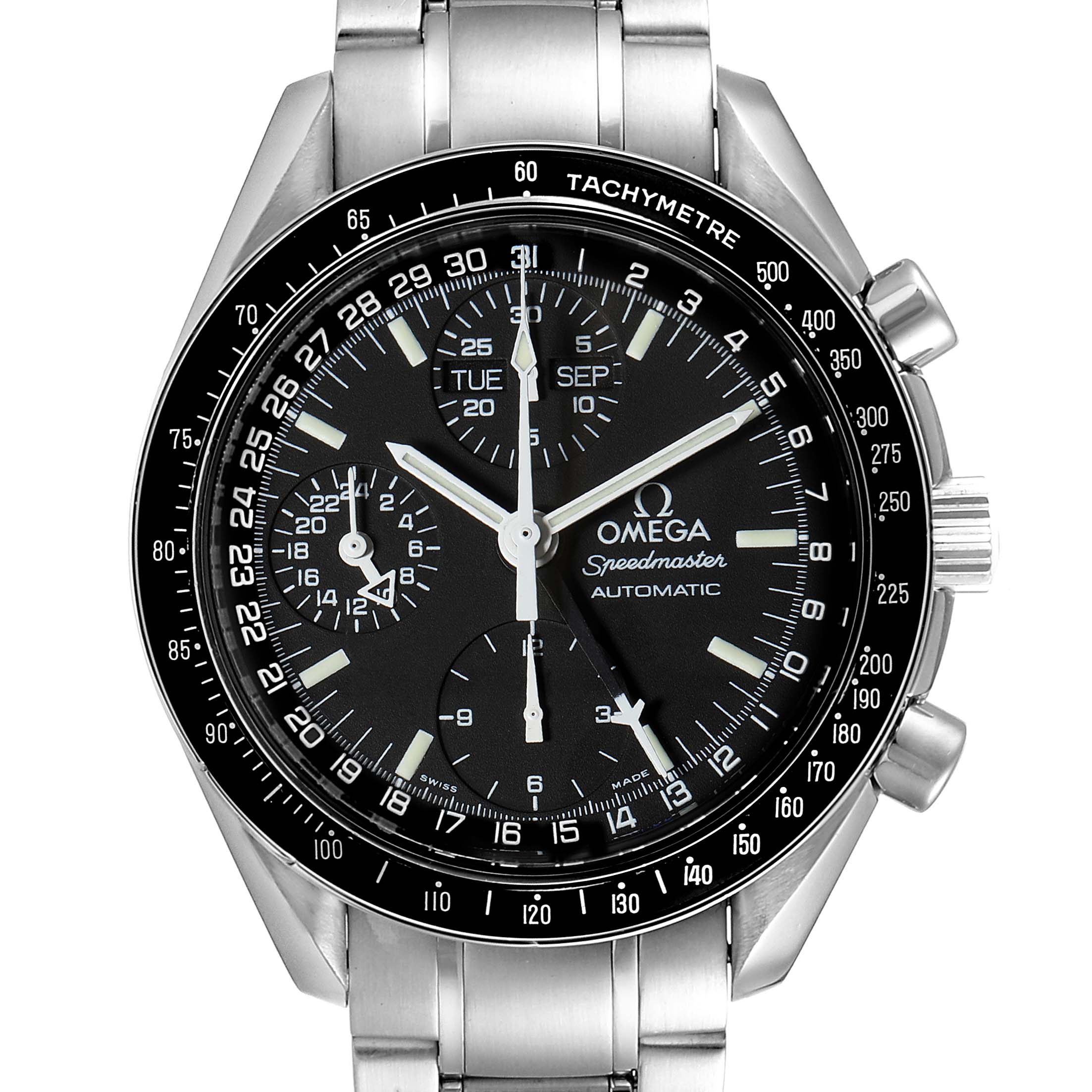 The image shows a front view of an Omega Speedmaster 3520.50.00 Men
s Stainless Steel Black Dial 3520.50.00 Men
s Stainless Steel Black Dial watch, featuring a black dial, tachymeter bezel, and stainless steel bracelet.