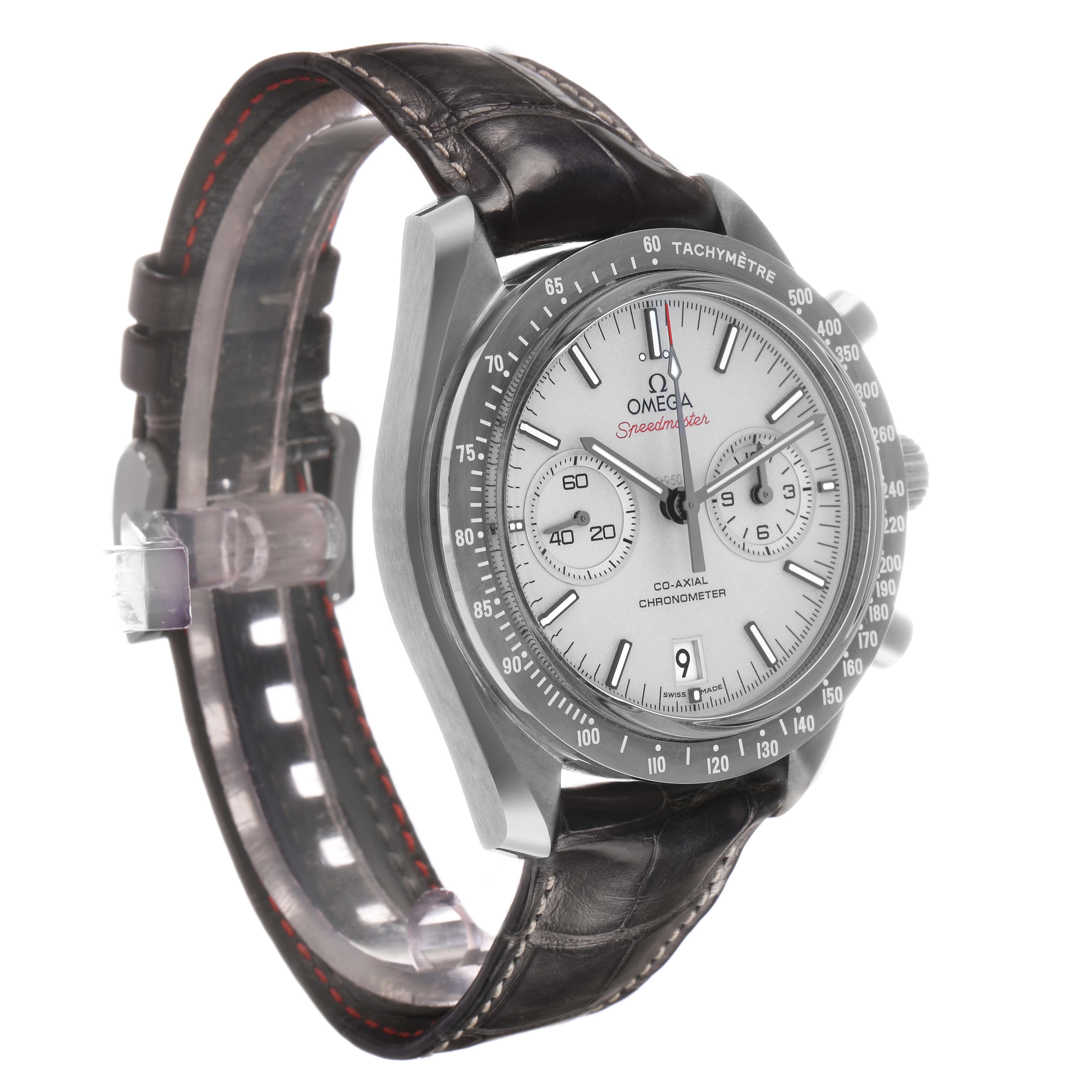 The Omega Speedmaster 311.93.44.51.99.001 Men's Ceramic Grey Dial is shown at a three-quarter angle, displaying the dial, bezel, and leather strap.