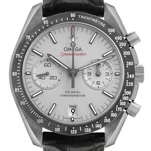 The image shows a frontal view of an Omega Speedmaster 311.93.44.51.99.001 Men's Ceramic Grey Dial watch, highlighting its dial, tachymeter, and chronograph subdials.