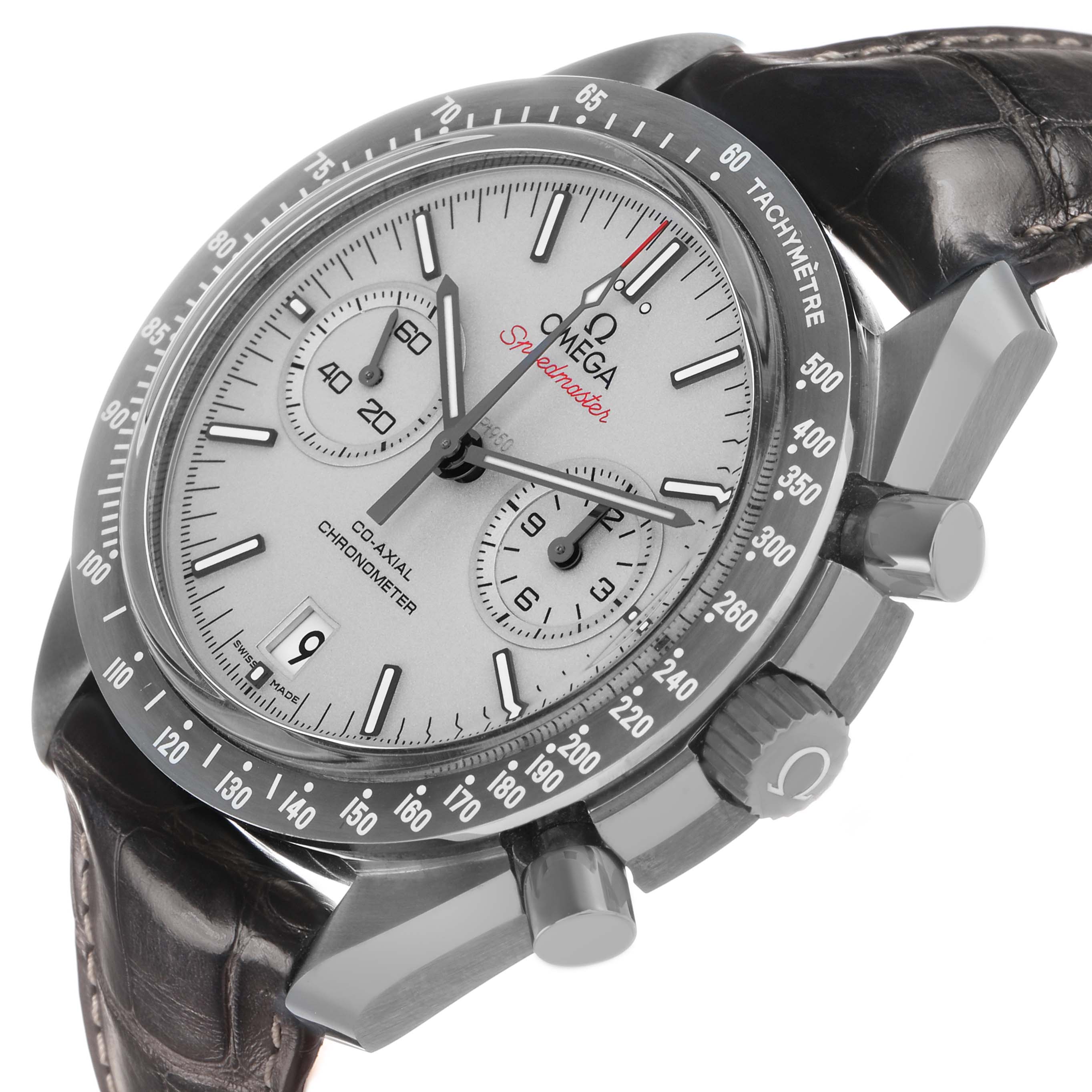The Omega Speedmaster 311.93.44.51.99.001 Men's Ceramic Grey Dial watch is shown at a slight angle, highlighting the dial, tachymeter bezel, and leather strap.