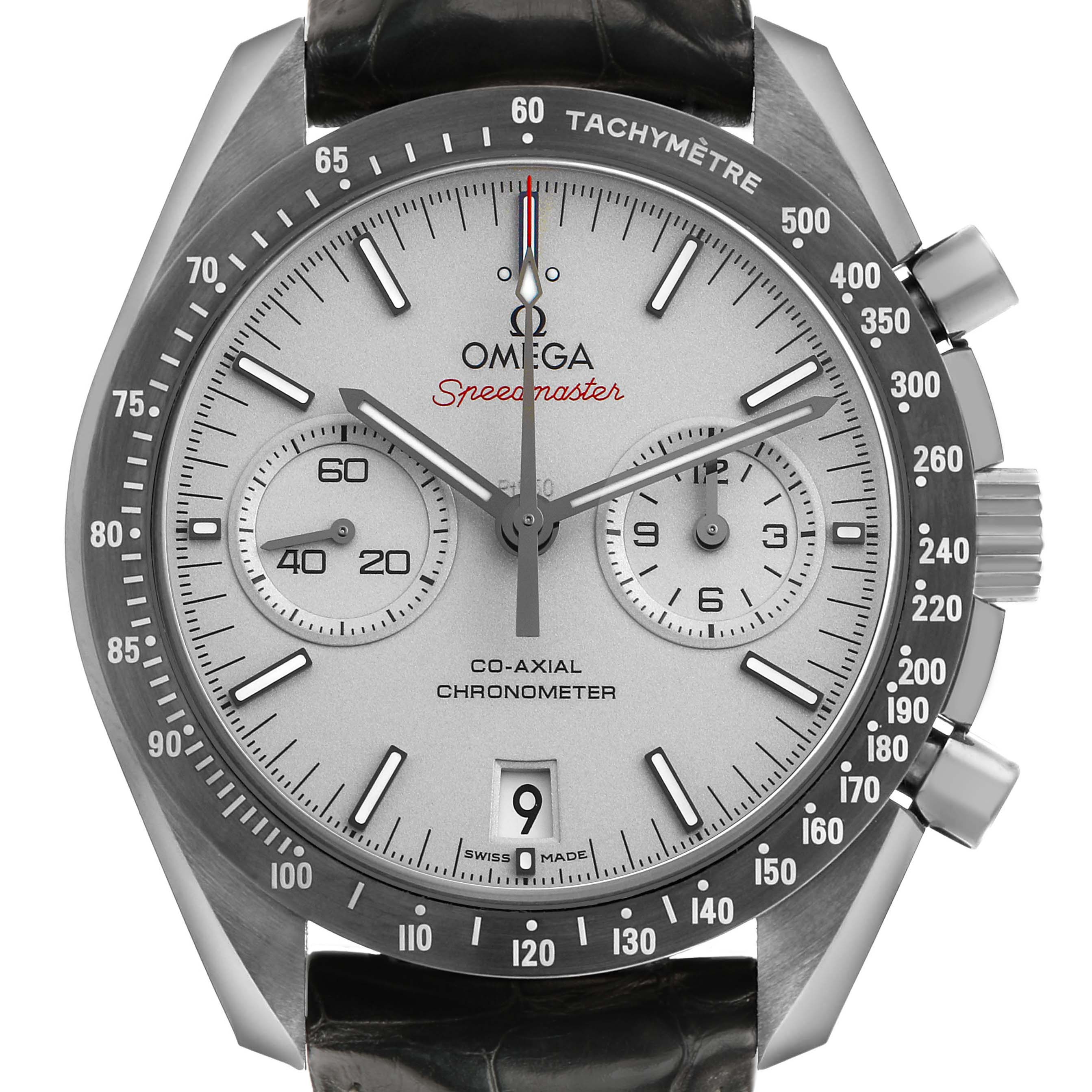 The Omega Speedmaster 311.93.44.51.99.001 Men's Ceramic Grey Dial watch is shown from the front, displaying the dial, tachymeter, subdials, and crown.