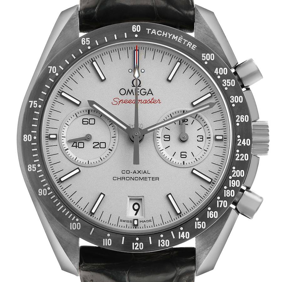 The Omega Speedmaster 311.93.44.51.99.001 Men's Ceramic Grey Dial watch is shown from the front, displaying the dial, tachymeter, subdials, and crown.