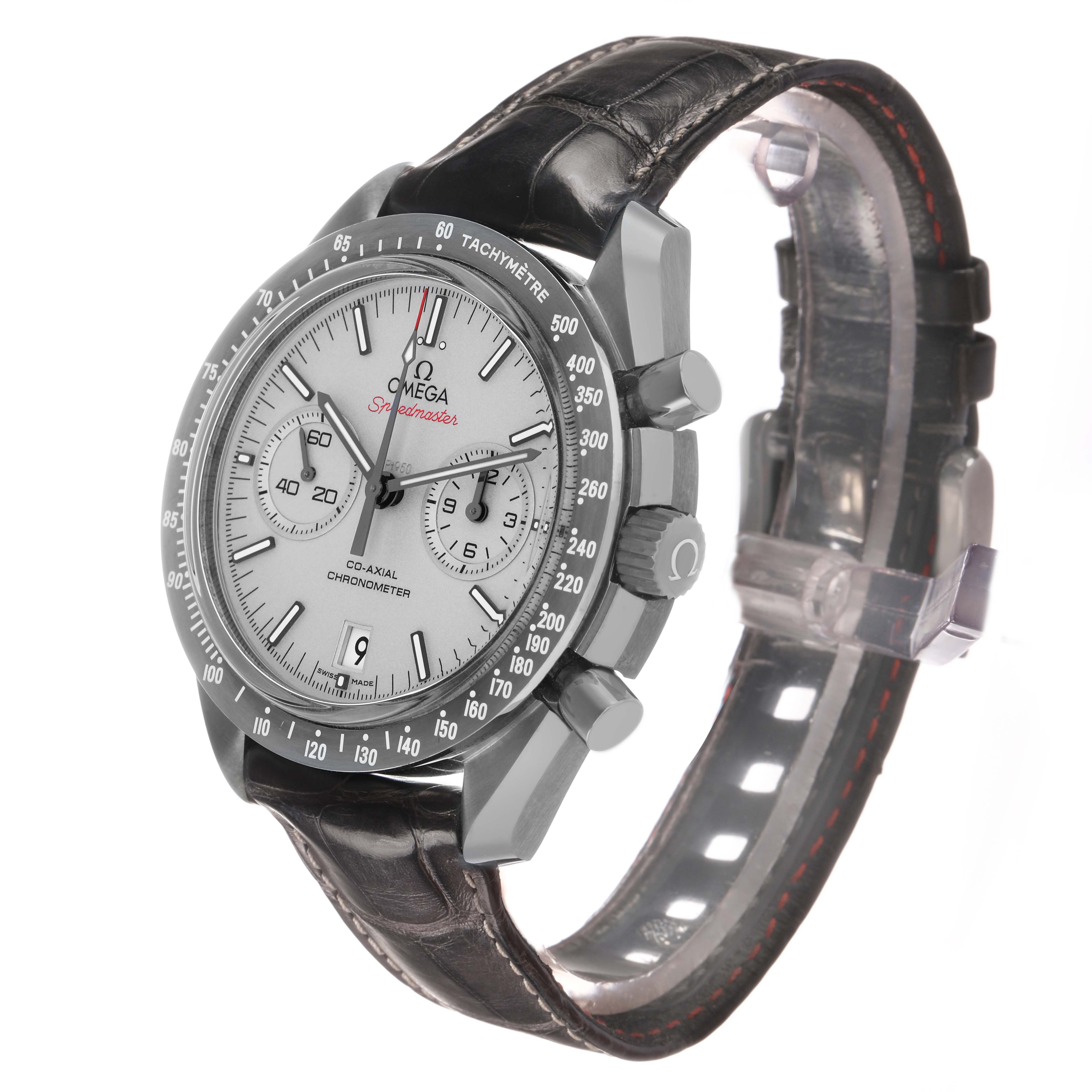 The Omega Speedmaster 311.93.44.51.99.001 Men's Ceramic Grey Dial watch is shown at a three-quarter angle, highlighting the face, bezel, crown, and leather strap.