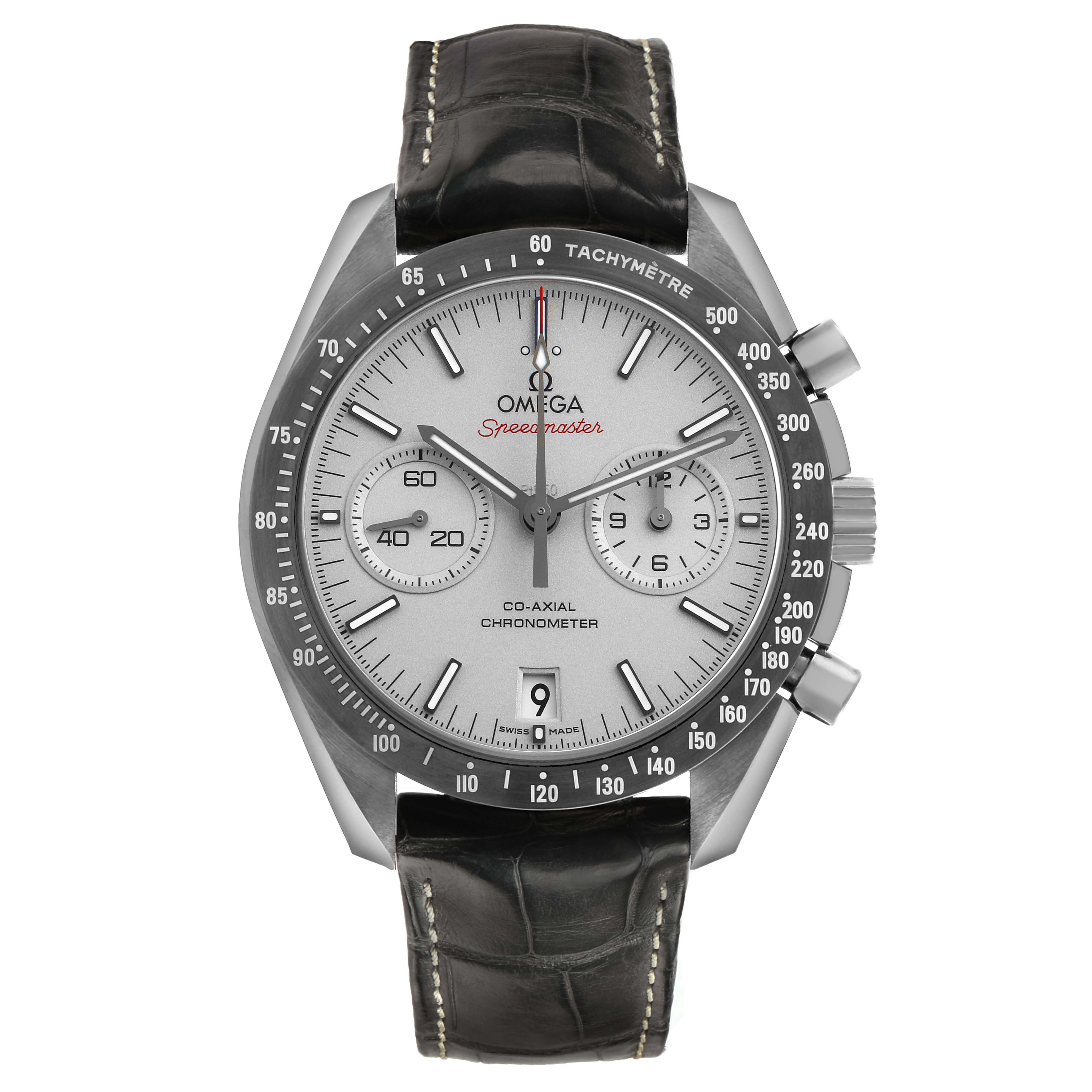 The Omega Speedmaster 311.93.44.51.99.001 Men's Ceramic Grey Dial is shown from a frontal angle, displaying the dial, tachymeter bezel, subdials, and crown.