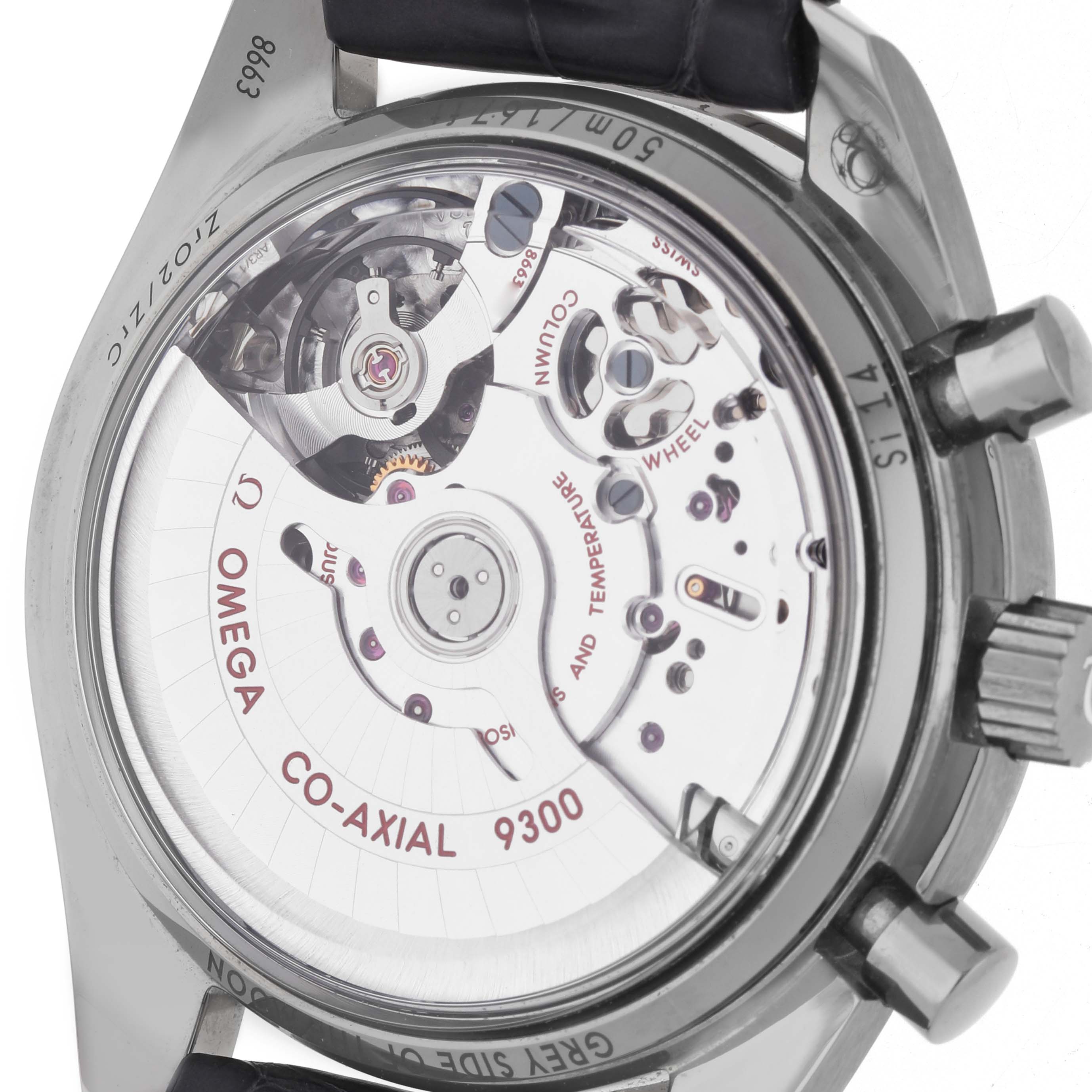 The image shows the back of the Omega Speedmaster 311.93.44.51.99.001 Men's Ceramic Grey Dial, displaying the Co-Axial 9300 movement mechanism.