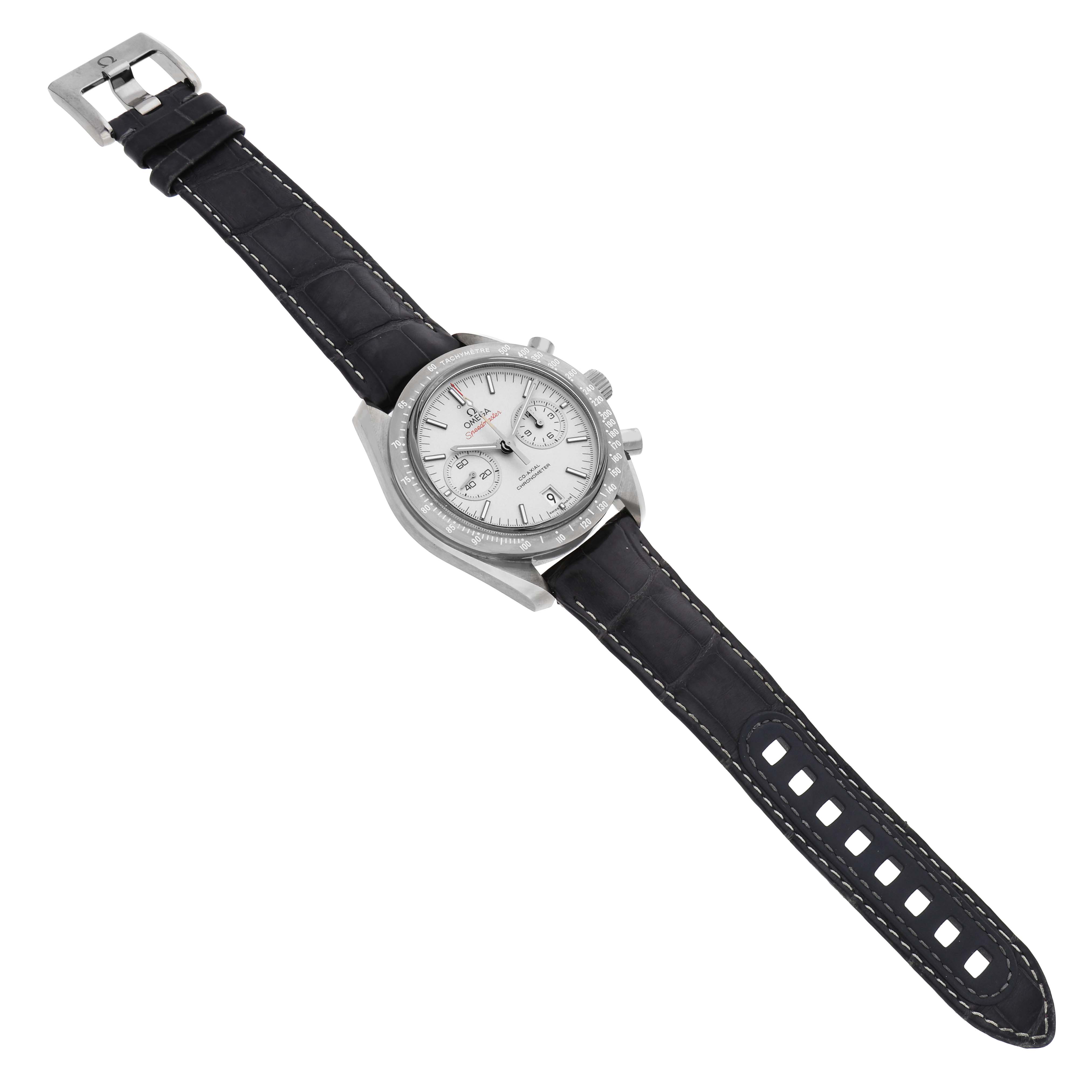 The Omega Speedmaster 311.93.44.51.99.001 Men's Ceramic Grey Dial watch is shown at a slight angle, displaying the face, case, dial, and the full leather strap with buckle.