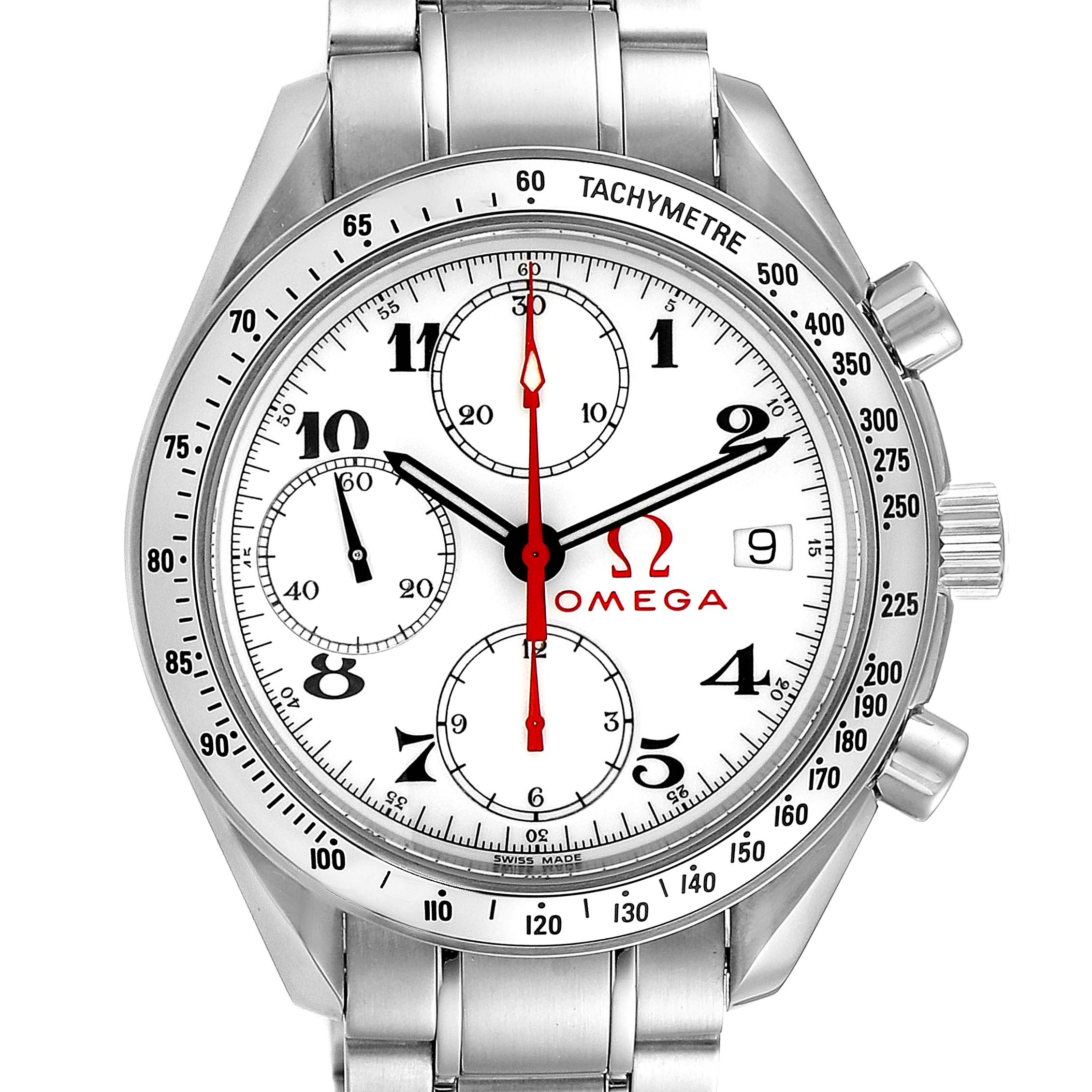 This image shows a front view of the Omega Speedmaster 3515.20.00 Men
s Stainless Steel White Dial 3515.20.00 Men
s Stainless Steel White Dial watch, displaying the dial, tachymeter, chronograph subdials, and stainless steel bracelet.